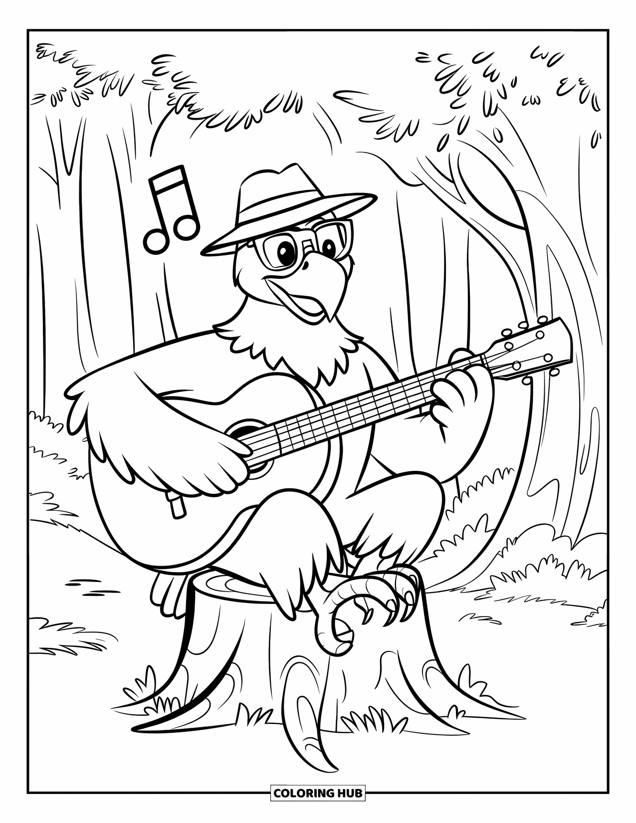 Desenho de Águia para Colorir para Crianças: Uma águia musical toca guitarra em um toco com notas flutuando acima