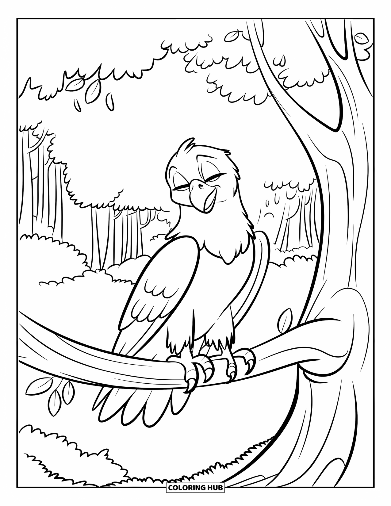 Desenho de Águia para Colorir para Crianças: Uma águia pacífica se senta em um galho de árvore com suas asas gentilmente abertas