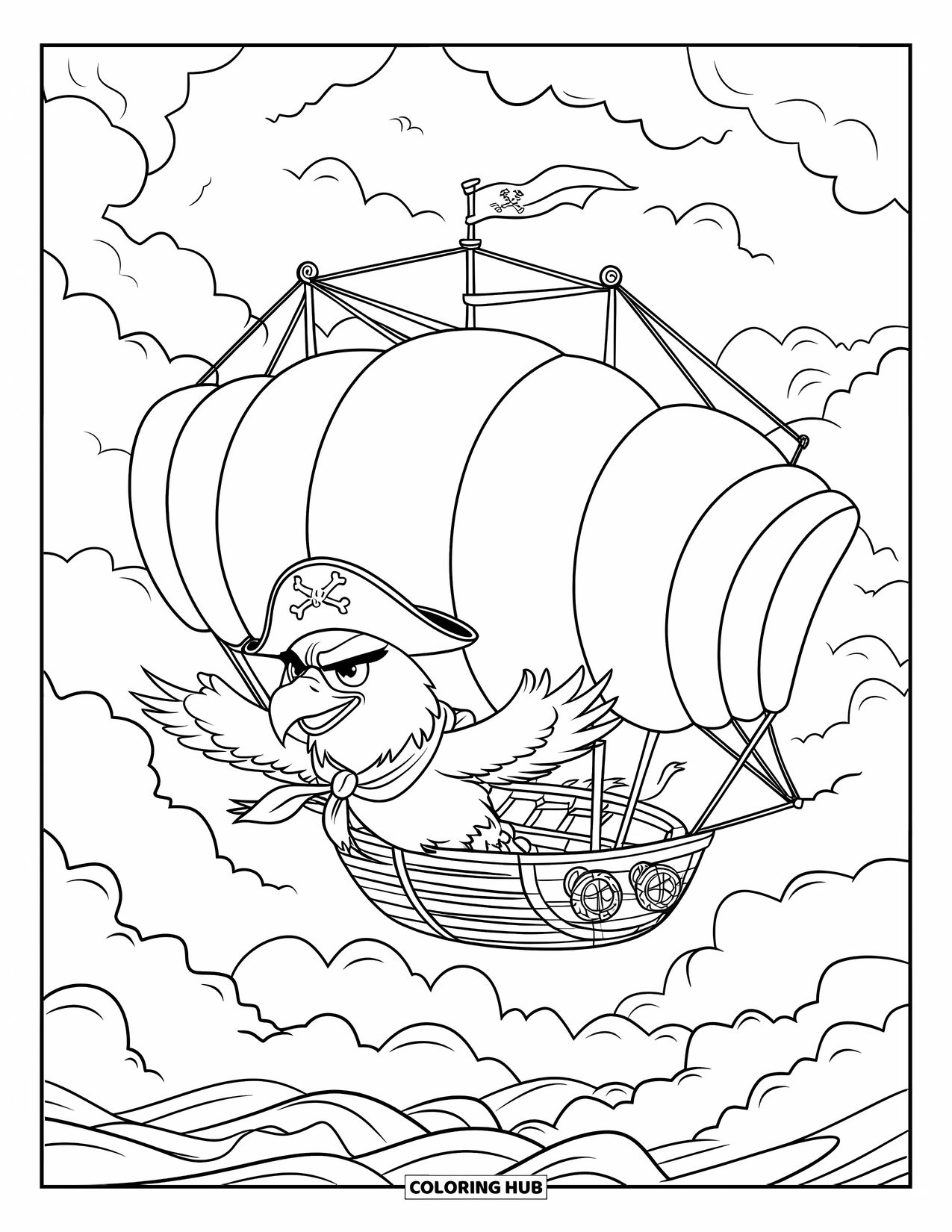 Desenho de Águia para Colorir para Crianças: Uma águia pirata guia um dirigível através de céus escuros acima de mares agitados