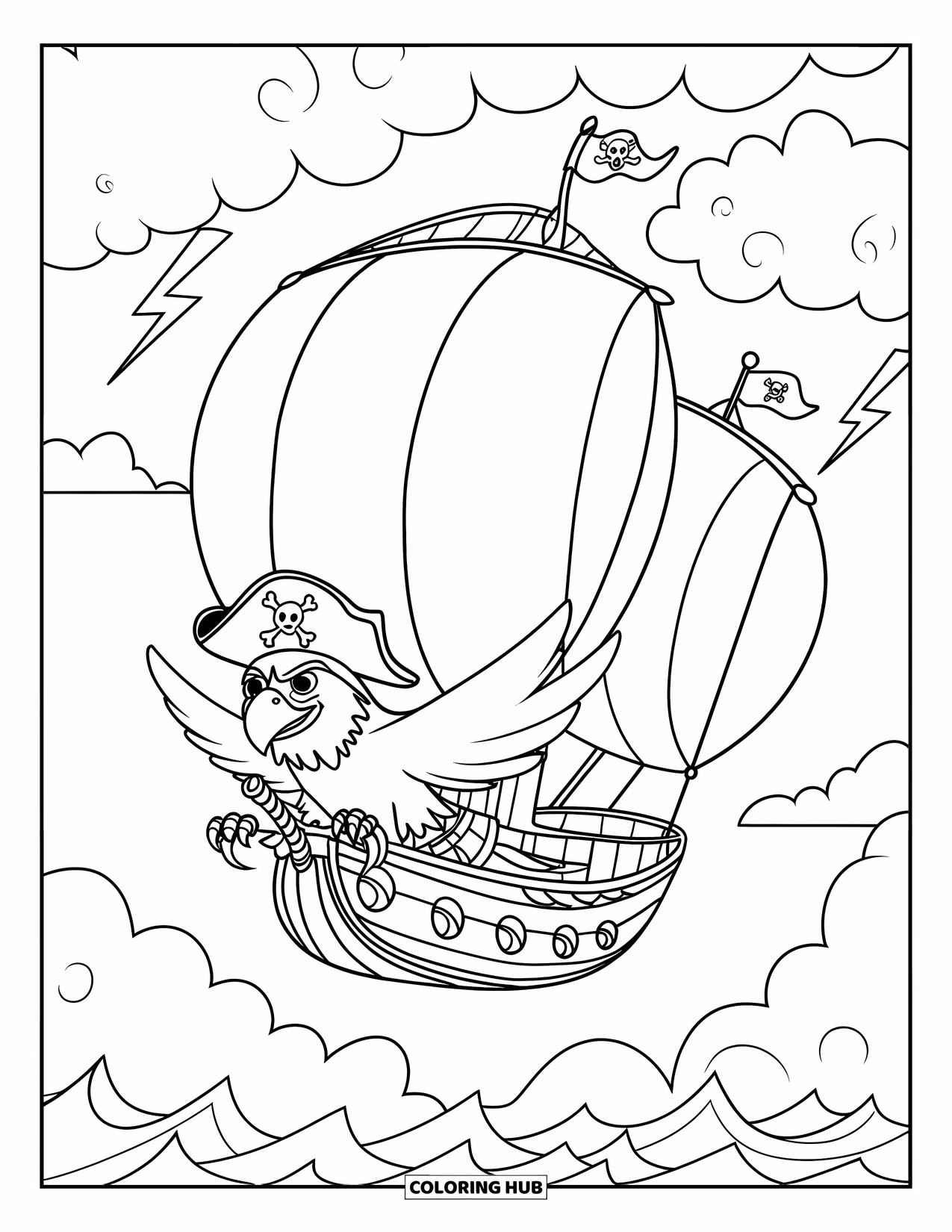 Desenho de Águia para Colorir para Crianças: Uma águia pirata pilota um dirigível através de nuvens tempestuosas e relâmpagos