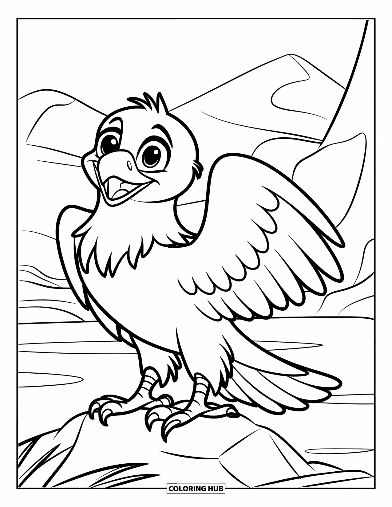 Desenho de Águia para Colorir para Crianças: Uma águia brincalhona com grandes asas está em uma rocha perto de água e montanhas