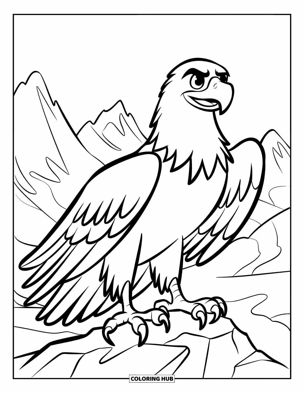 Desenho de Águia para Colorir para Crianças: Uma águia orgulhosa abre suas asas em um pico rochoso com montanhas ao fundo