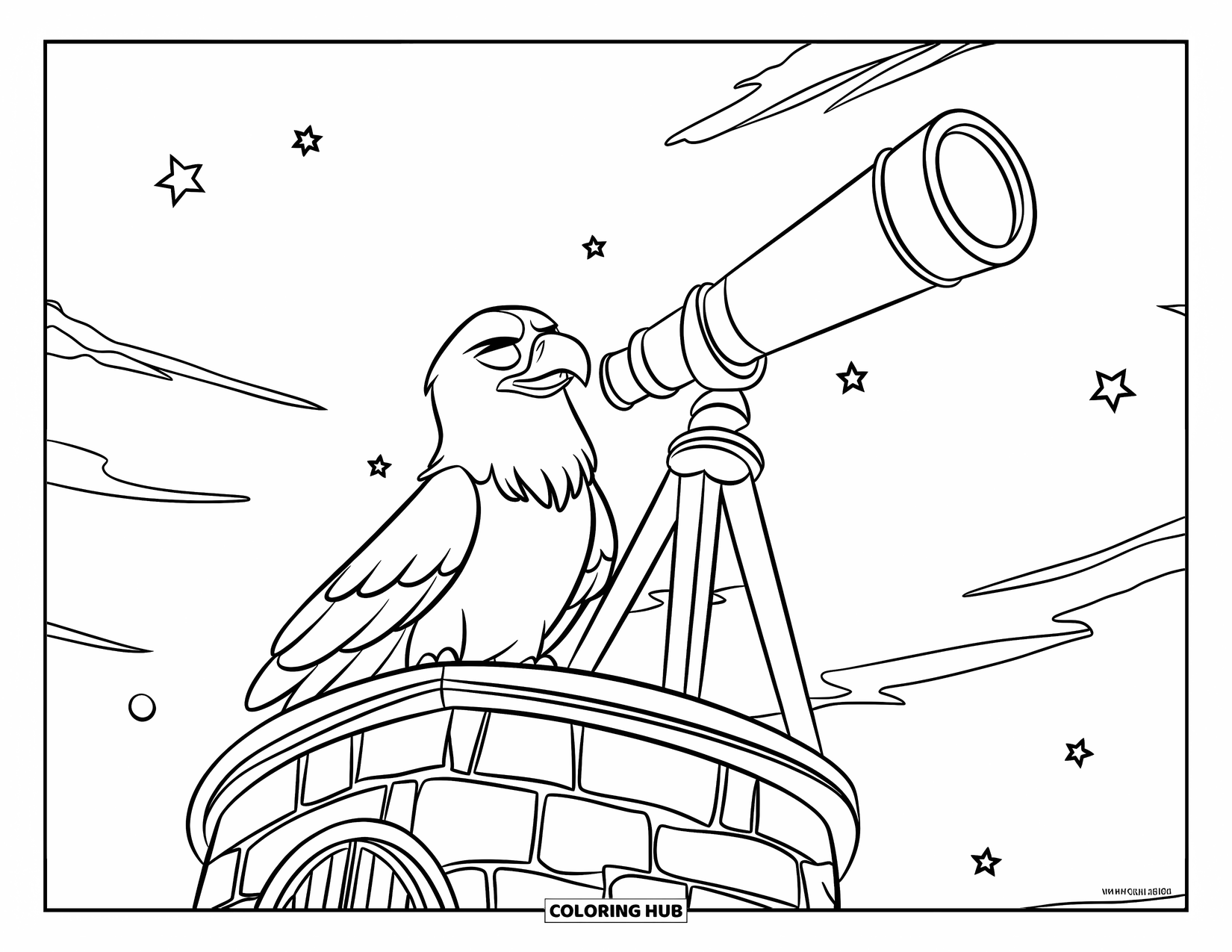 Desenho de Águia para Colorir para Crianças: Uma águia astrônoma com roupão está em uma torre sob um céu noturno tranquilo