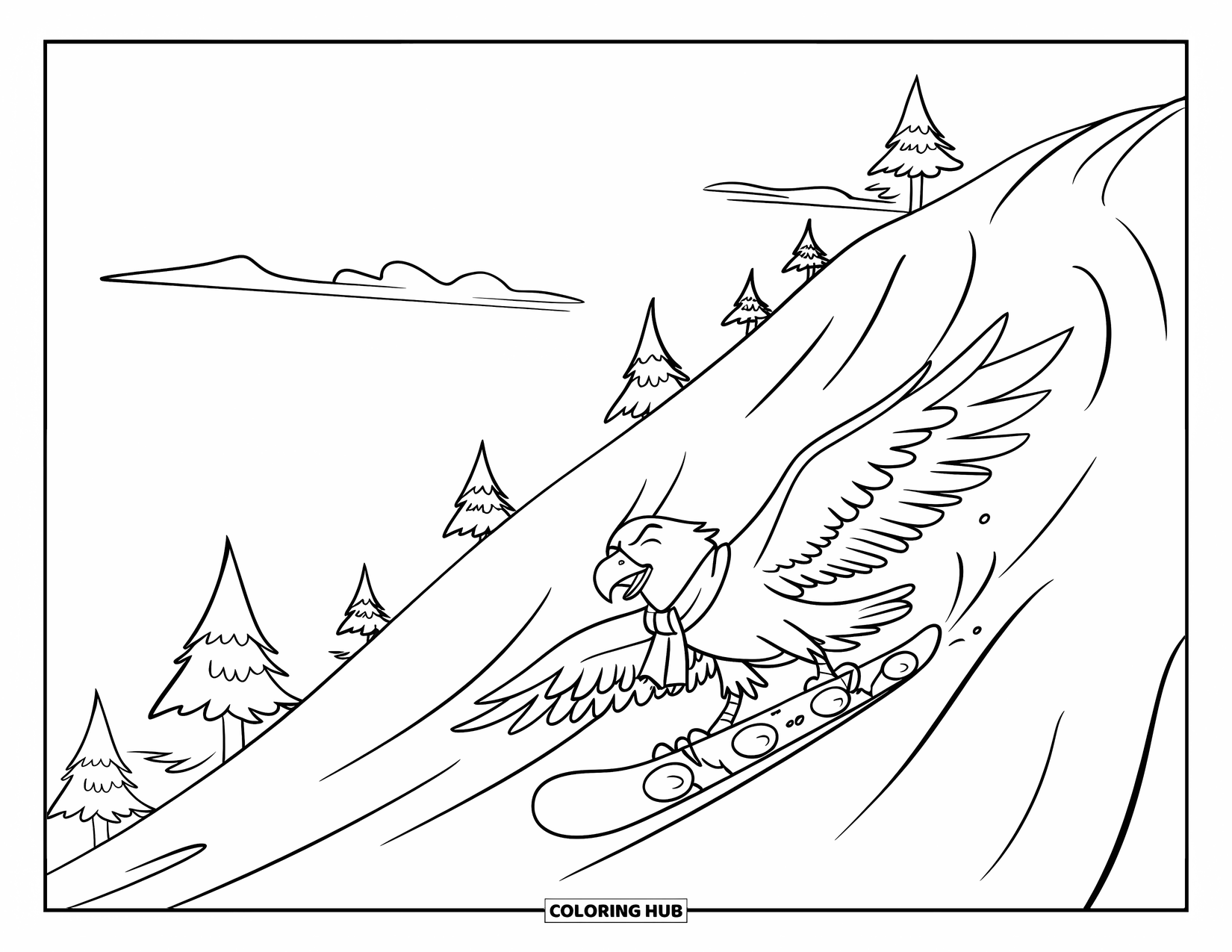 Desenho de Águia para Colorir para Crianças: Uma águia com cachecol e de olhos fechados desfruta de um passeio de neve montanha abaixo