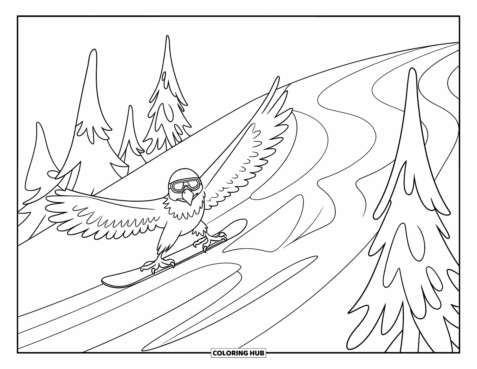 Desenho de Águia para Colorir para Crianças: Uma águia snowboarder desce a montanha através de árvores nevadas com um capacete