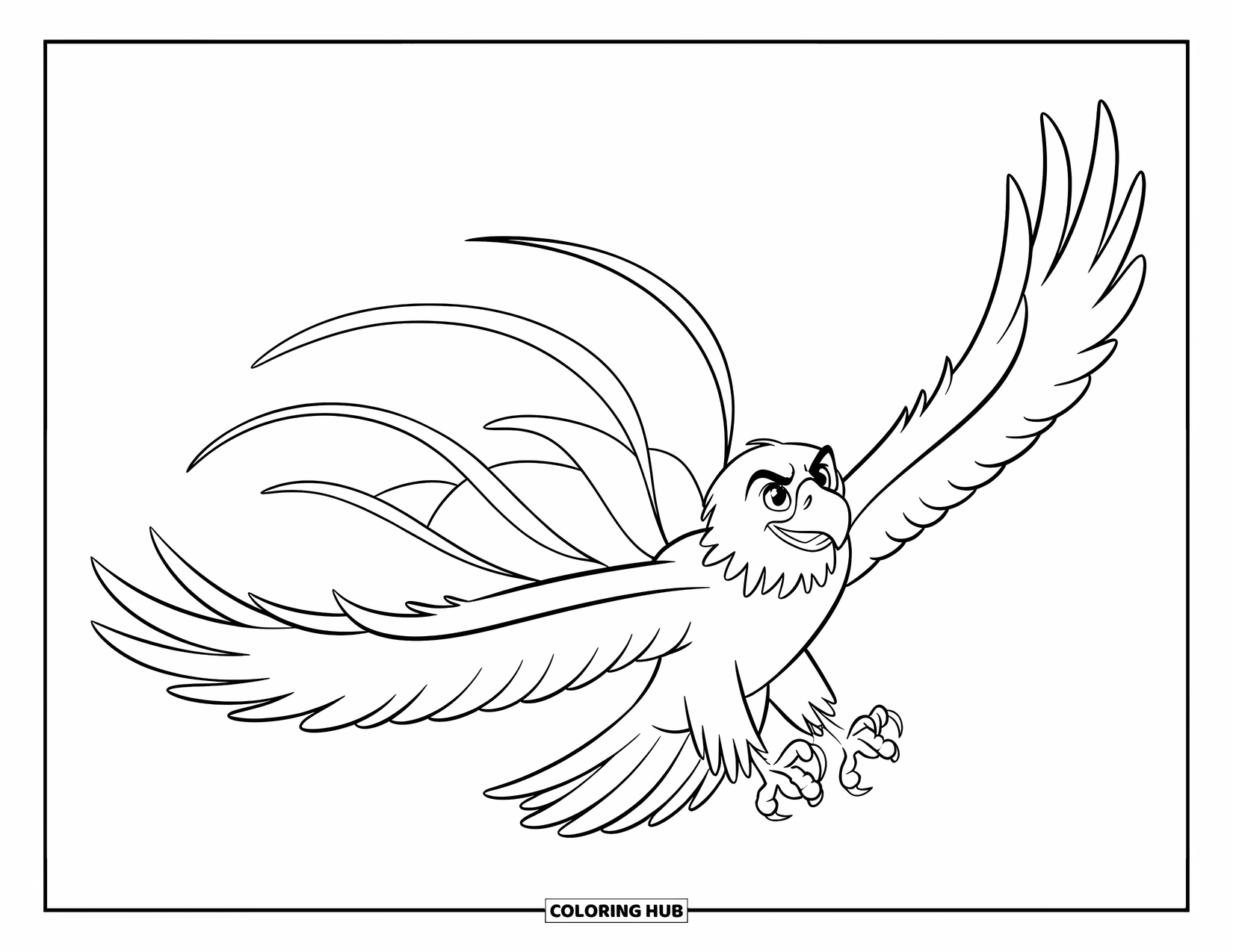 Desenho de Águia para Colorir para Crianças: Uma águia voadora avança com penas ondulantes atrás