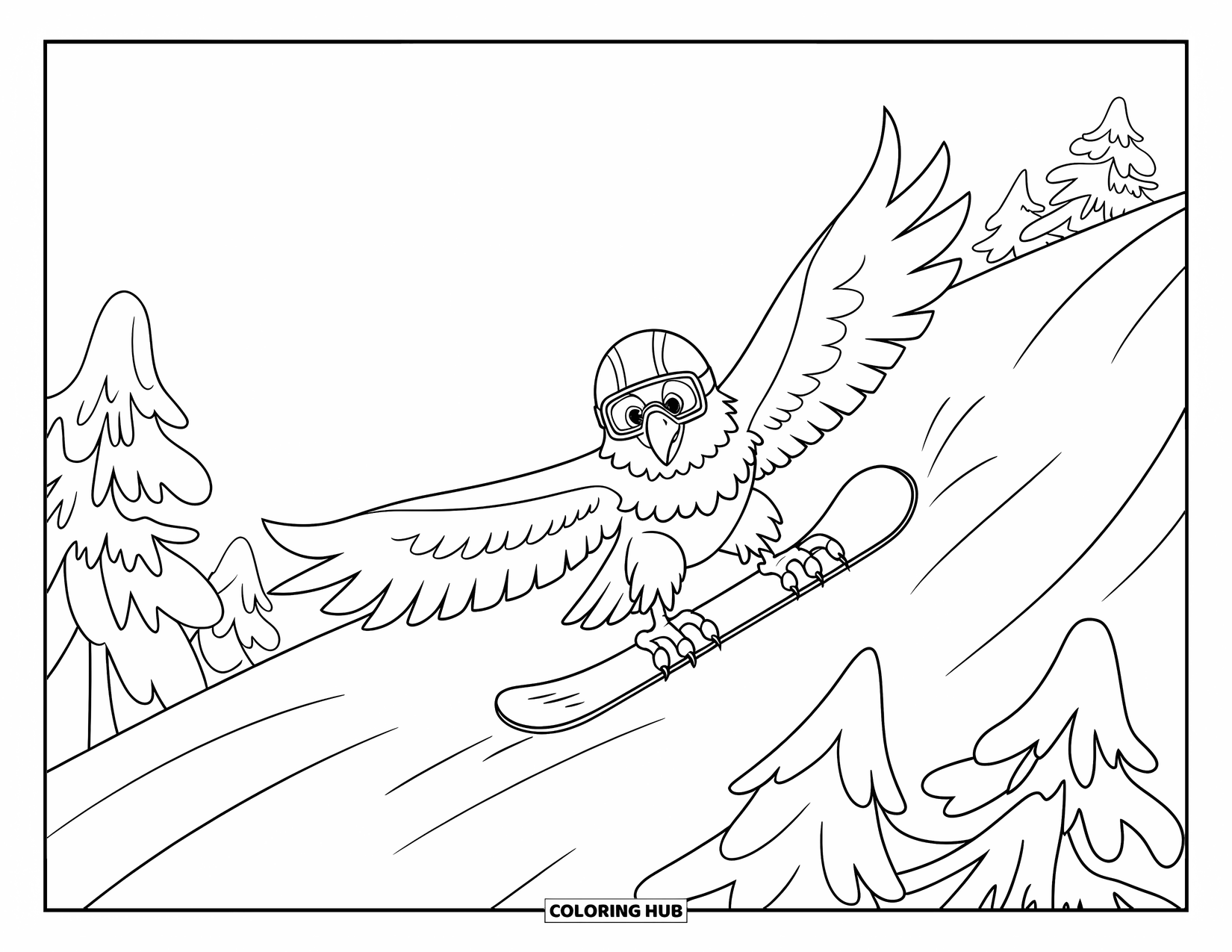 Desenho de Águia para Colorir para Crianças: Uma águia veloz desce de snowboard por uma montanha com árvores cobertas de neve por perto