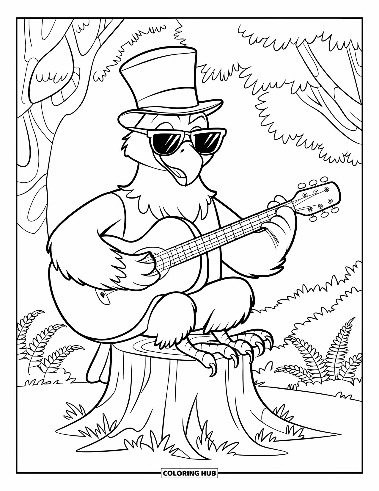 Desenho de Águia para Colorir para Crianças: Uma águia estilosa usa óculos de sol enquanto toca guitarra em uma floresta luxuriante