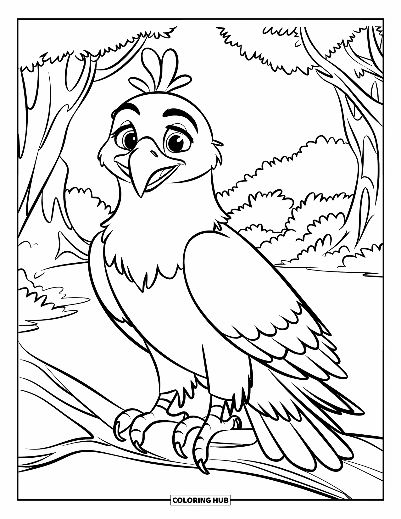 Desenho de Águia para Colorir para Crianças: Uma doce águia pousa em uma árvore rodeada por vegetação florestal