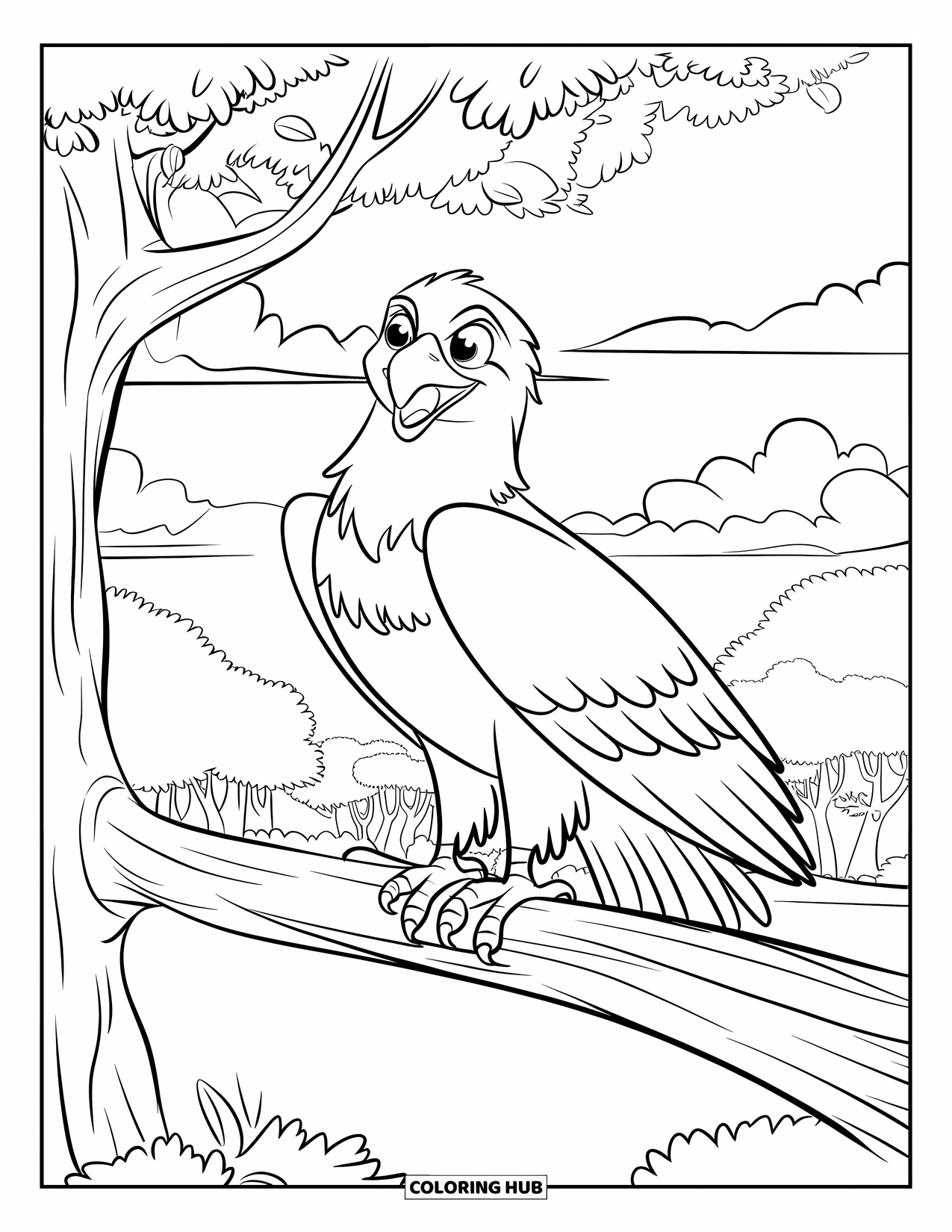 Desenho de Águia para Colorir para Crianças: Uma águia de olhos arregalados pousa em um galho de floresta com uma vista calma da montanha