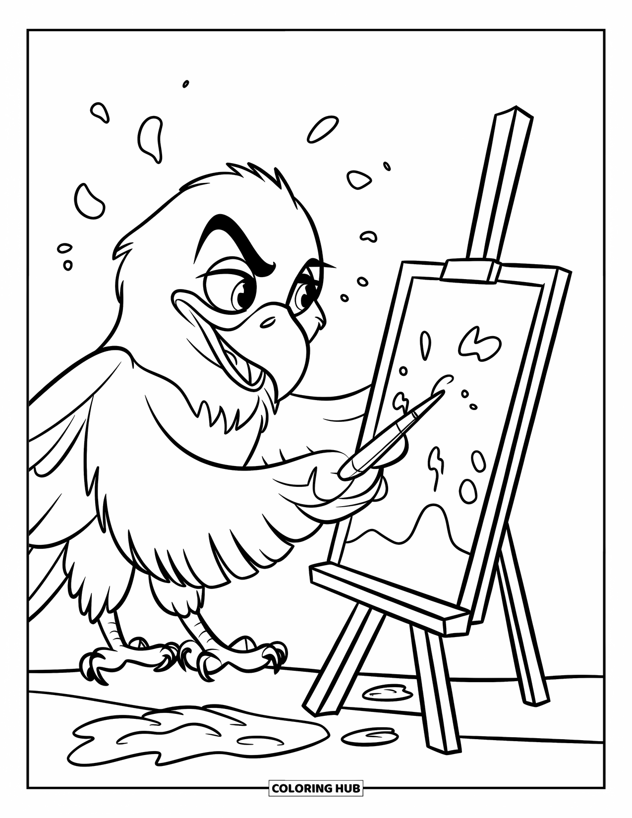 Desenho de Águia para Colorir para Crianças: Uma águia artista pinta na tela com respingos de tinta por perto