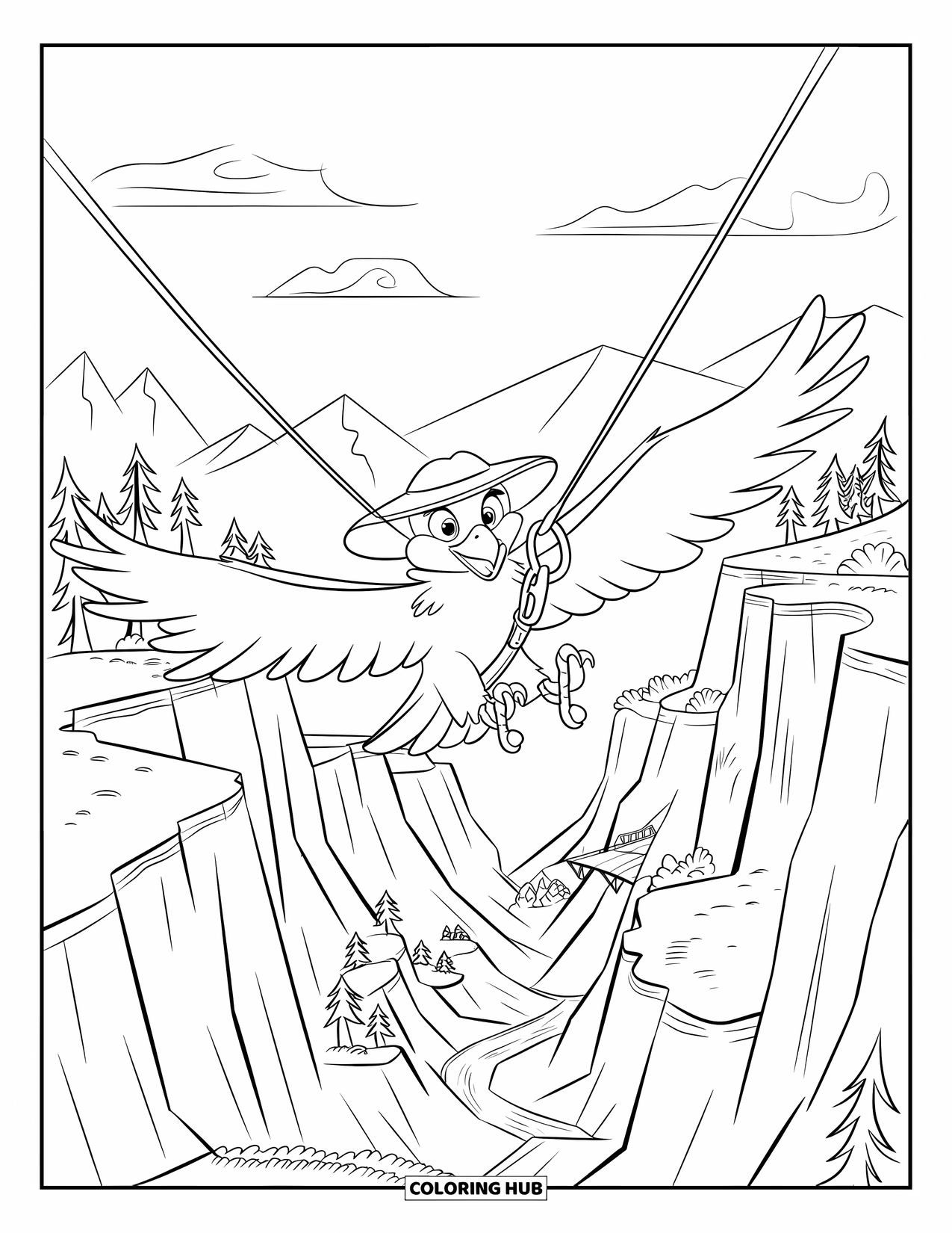 Desenho de Águia para Colorir para Crianças: Uma águia exploradora desliza por um cânion com árvores e céu ao fundo