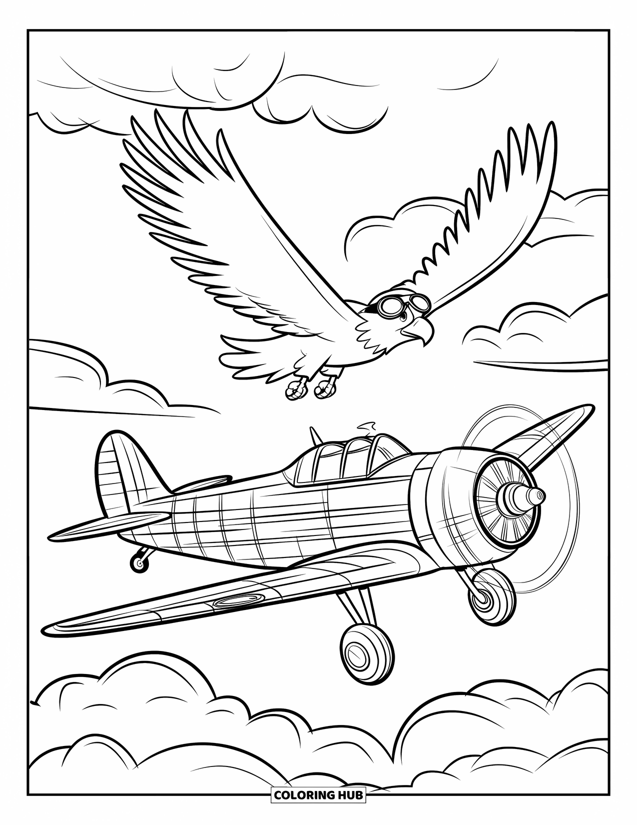 Desenho de Águia para Colorir para Crianças: Uma águia voa ao lado de um avião com hélice em um céu cheio de nuvens
