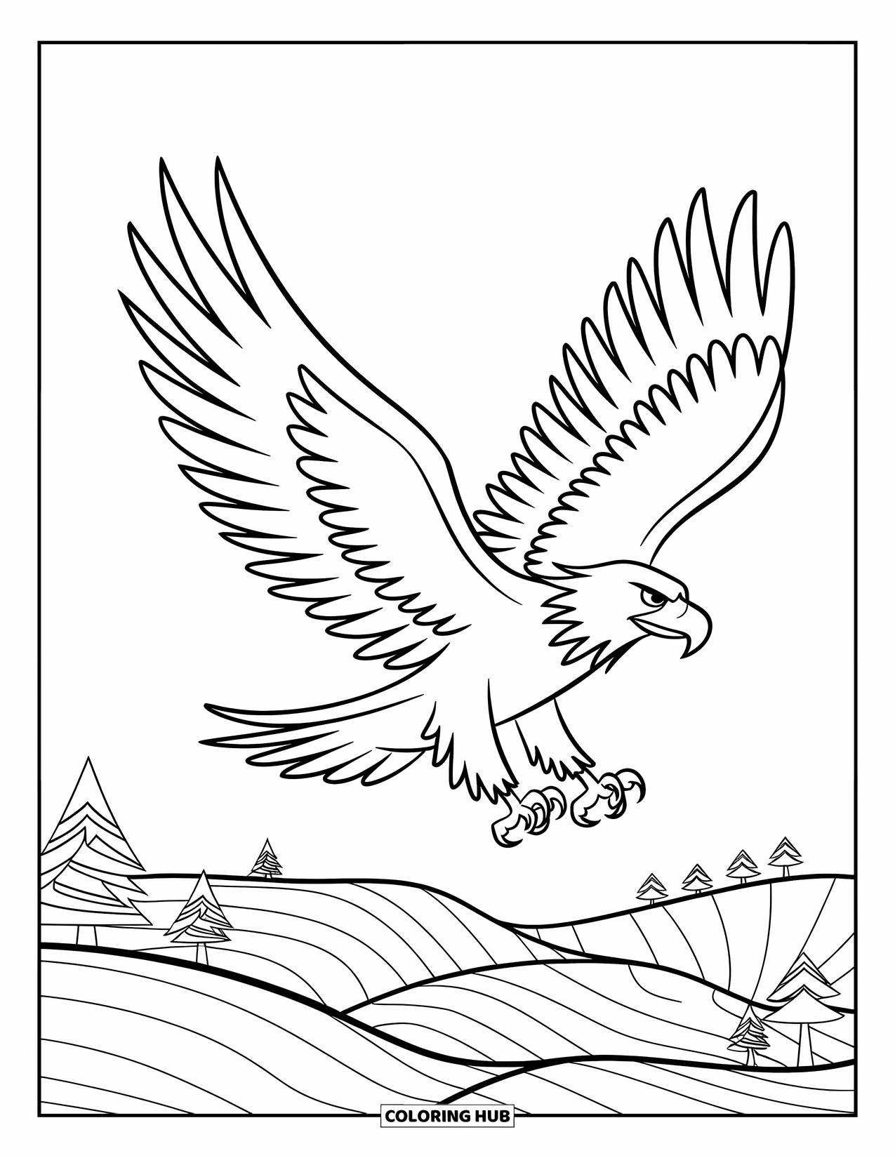 Desenho de Águia para Colorir para Crianças: Uma águia voa alto sobre colinas arborizadas com asas grandes e abertas