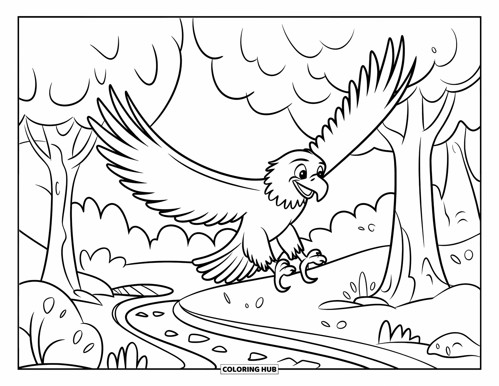 Desenho de Águia para Colorir para Crianças: Uma águia desliza sobre árvores e um rio tranquilo com montanhas próximas