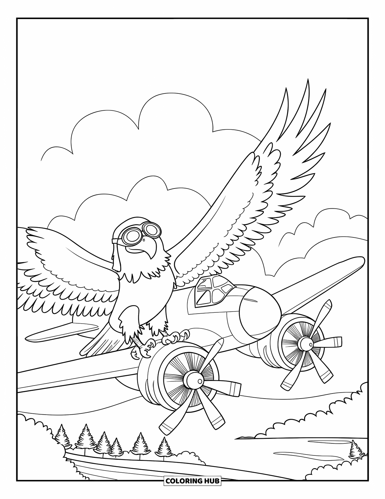 Desenho de Águia para Colorir para Crianças: Uma águia agarra uma asa de avião, voando alto acima de árvores e água