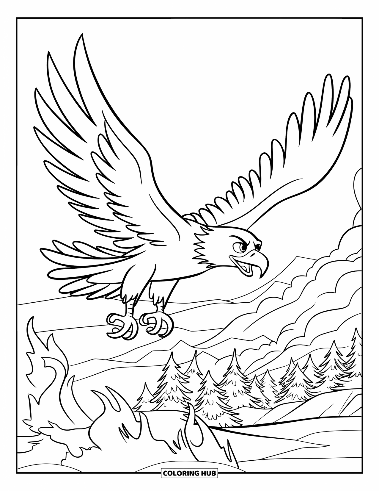 Desenho de Águia para Colorir para Crianças: Um herói águia desliza sobre árvores em chamas com fumaça subindo para o céu