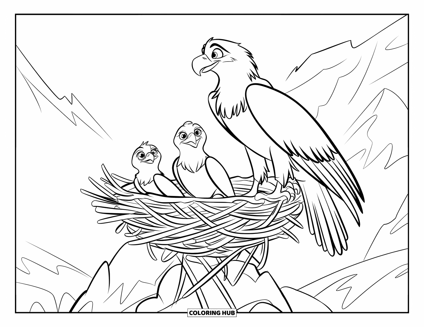 Desenho de Águia para Colorir para Crianças: Uma mãe águia guarda seu ninho de filhotes em um afloramento rochoso