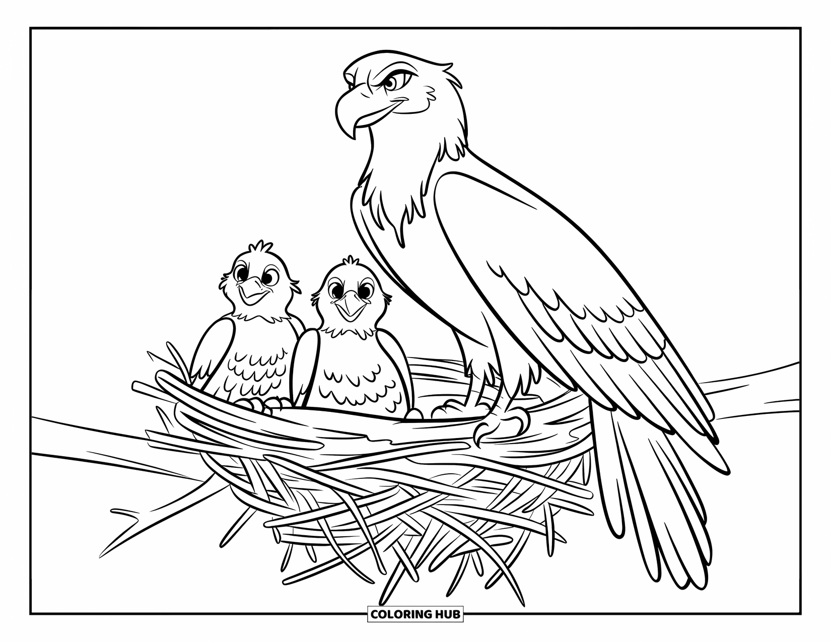 Desenho de Águia para Colorir para Crianças: Uma mãe águia observa seus filhotes em um ninho em um galho