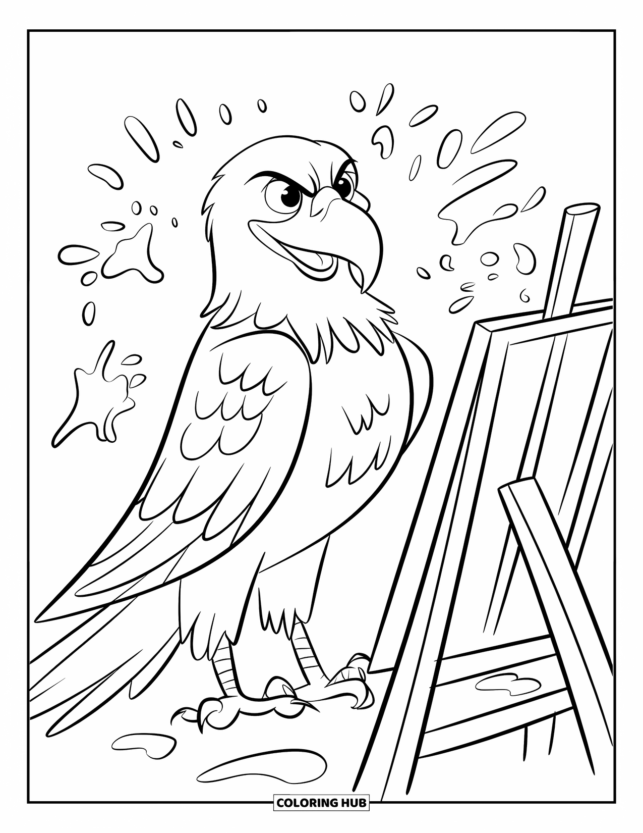 Desenho de Águia para Colorir para Crianças: Uma águia pinta na tela com pinceladas ousadas e um bico brilhante