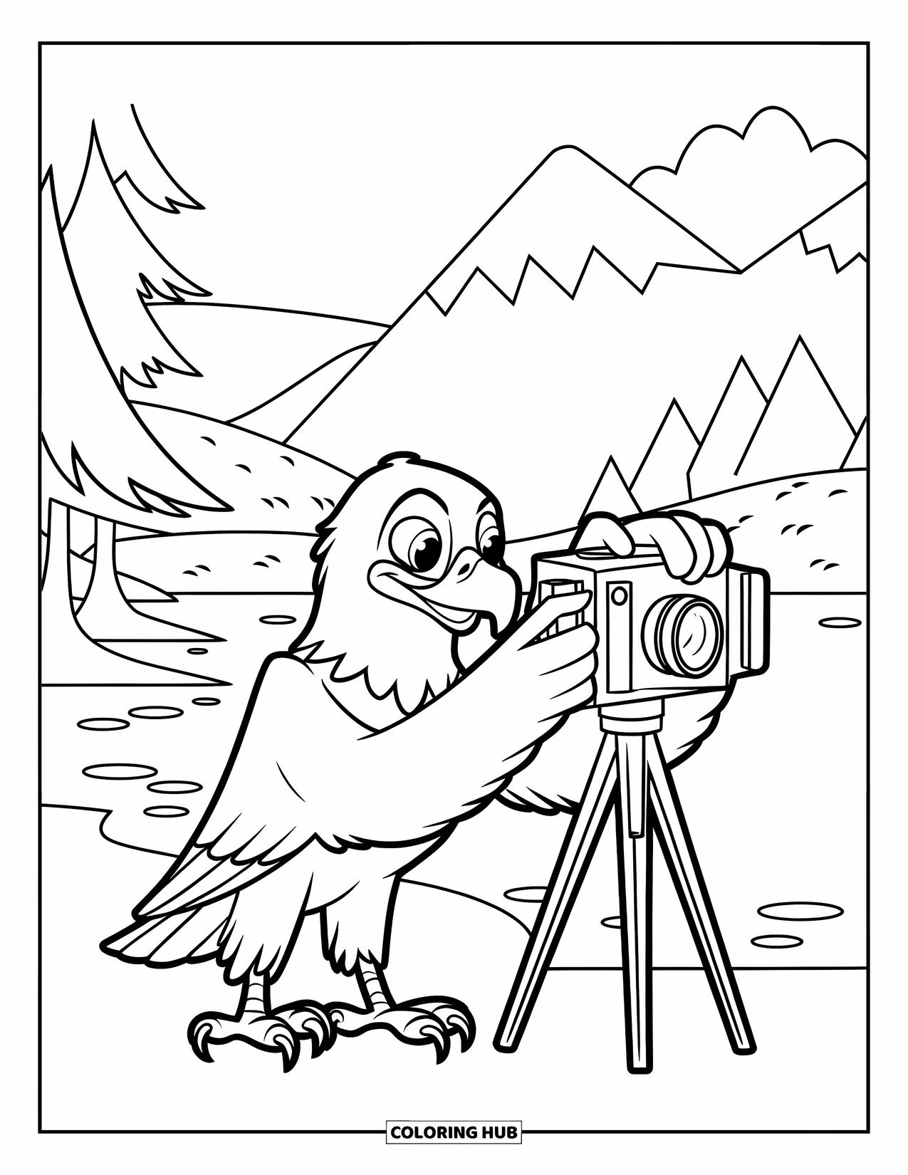 Desenho de Águia para Colorir para Crianças: Uma águia fotógrafa tira fotos de montanhas e árvores com uma câmera de tripé