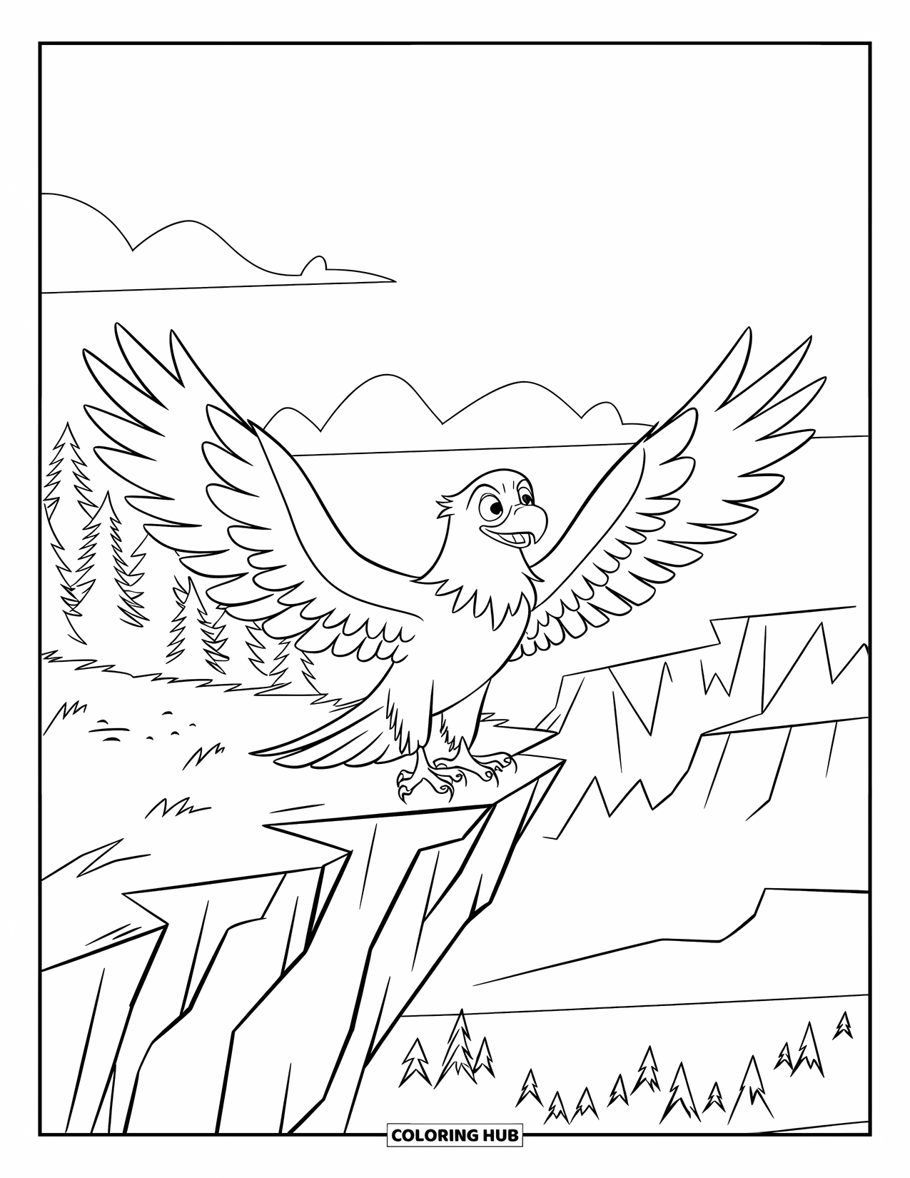 Desenho de Águia para Colorir para Crianças: Uma águia abre suas asas no topo de um penhasco recortado acima de uma floresta