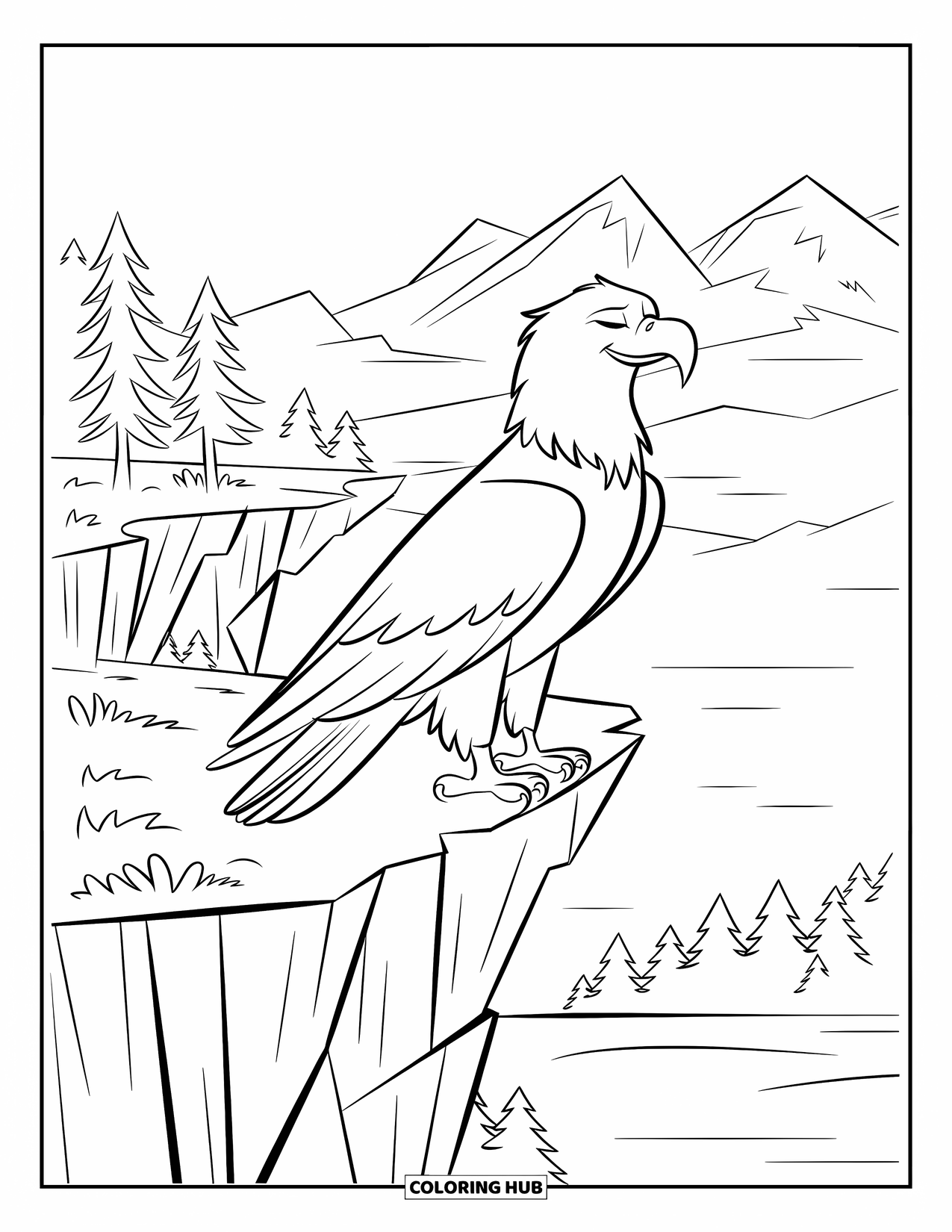 Desenho de Águia para Colorir para Crianças: Uma águia fica na borda de um penhasco com vista para vastas montanhas e árvores