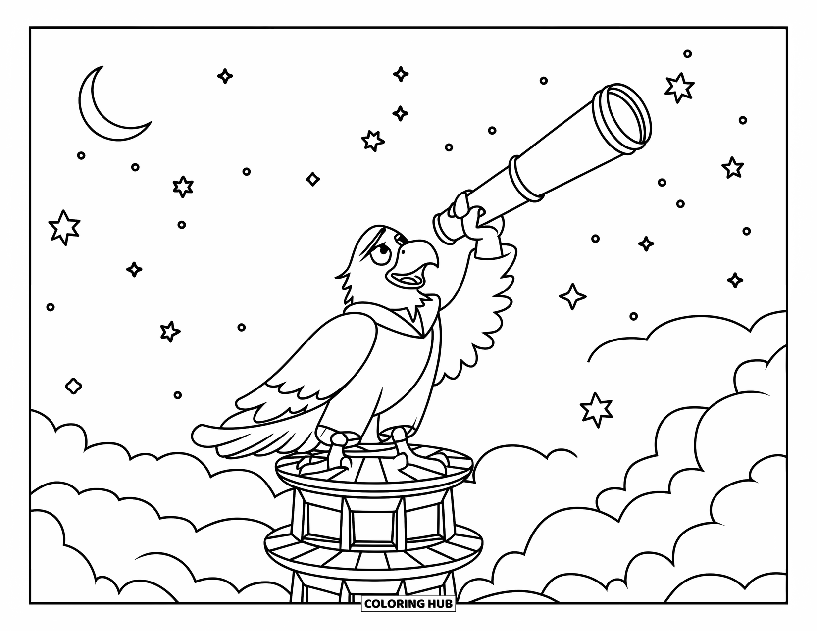 Desenho de Águia para Colorir para Crianças: Uma águia astrônoma espreita através de um telescópio no topo de uma torre envolta em nuvens