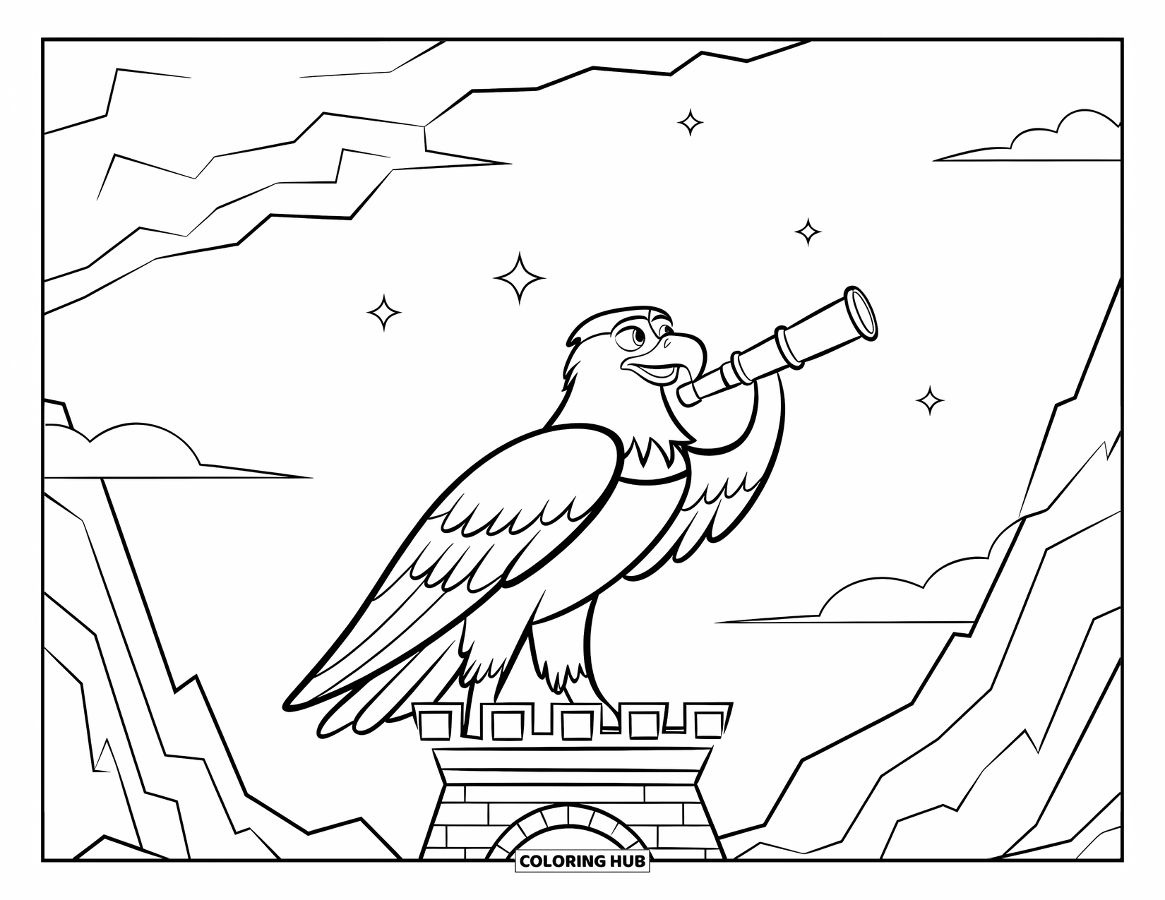 Desenho de Águia para Colorir para Crianças: Uma águia astrônoma observa as estrelas de uma torre rochosa com um telescópio