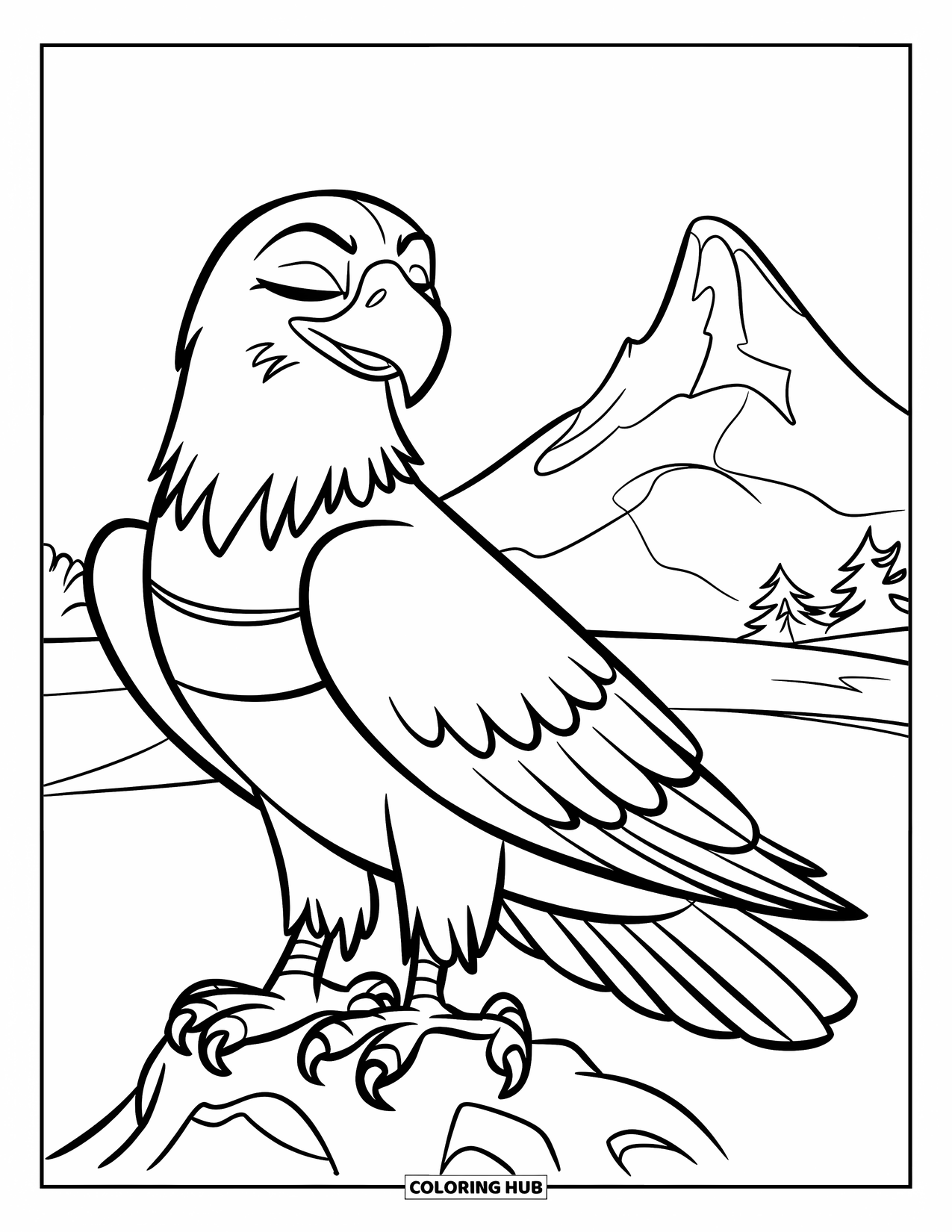 Desenho de Águia para Colorir para Crianças: Uma águia com asas dobradas está quieta ao lado de uma montanha