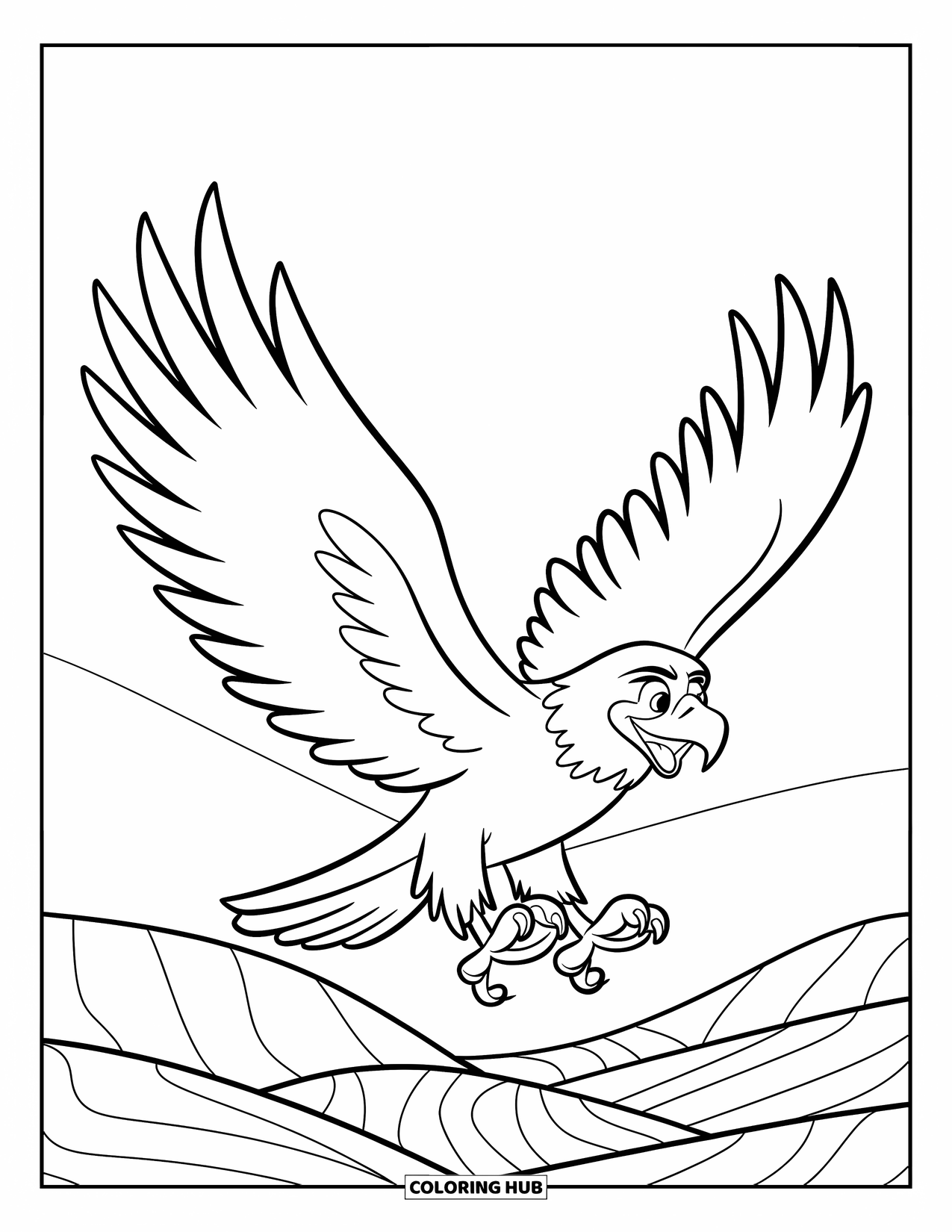 Desenho de Águia para Colorir para Crianças: Uma águia com asas abertas voa alegremente sobre colinas acidentadas e árvores