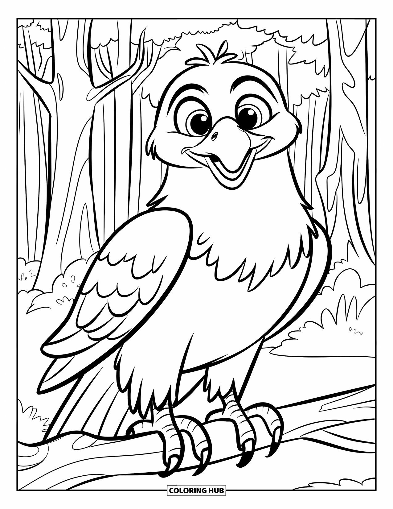 Desenho de Águia para Colorir para Crianças: Uma águia de olhos grandes pousa entre árvores altas em uma floresta