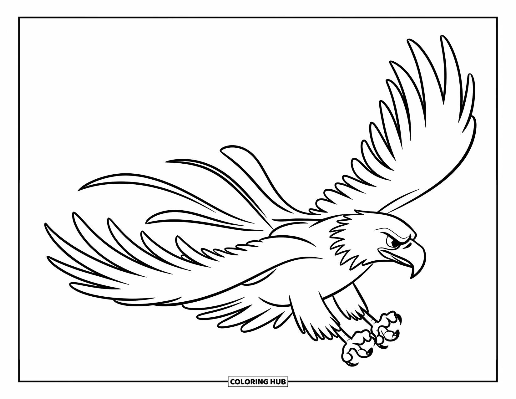 Desenho de Águia para Colorir para Crianças: Uma águia com asas largas voa à frente com penas elegantes ondulantes