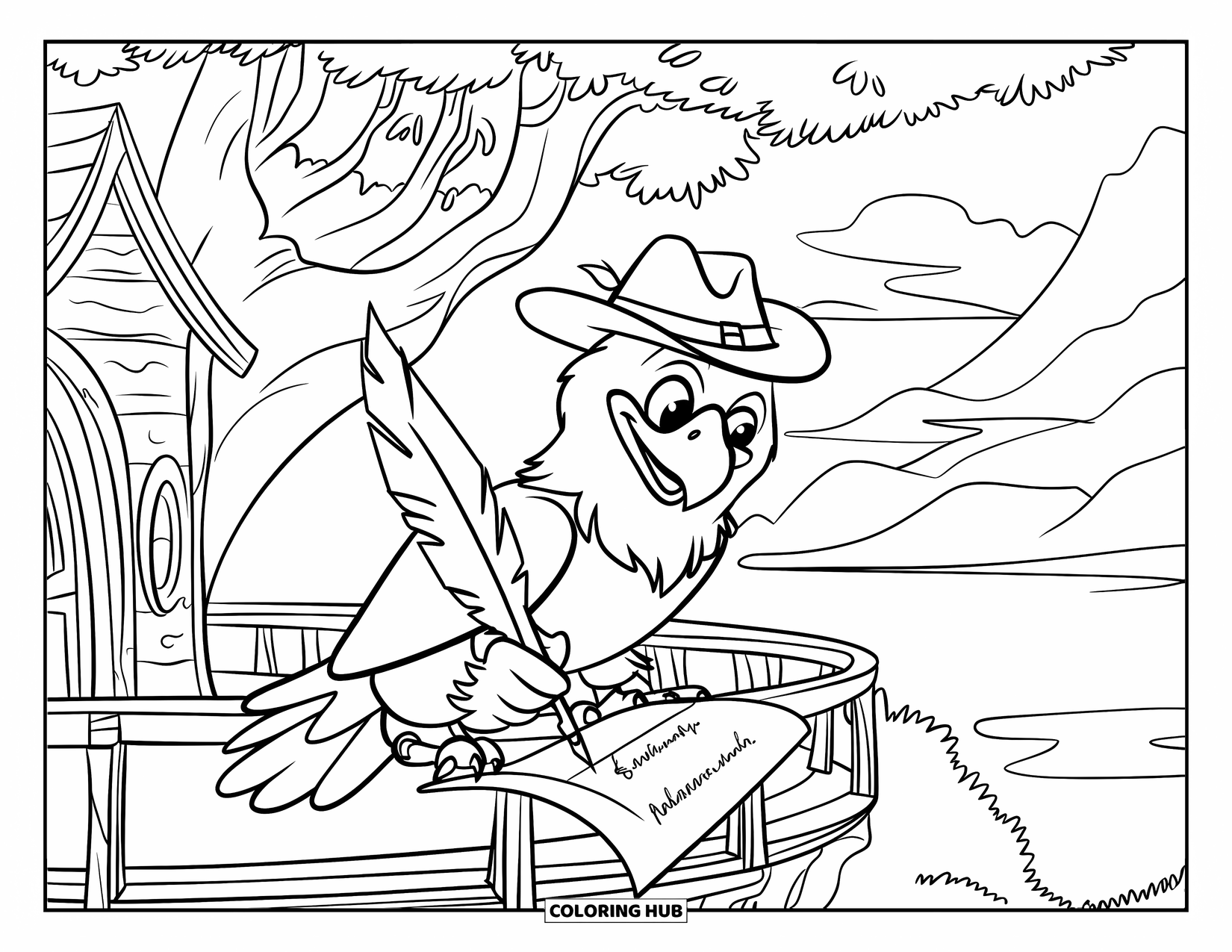 Desenho de Águia para Colorir para Crianças: Uma águia escritora redige uma carta na varanda de uma casa na árvore cercada por árvores