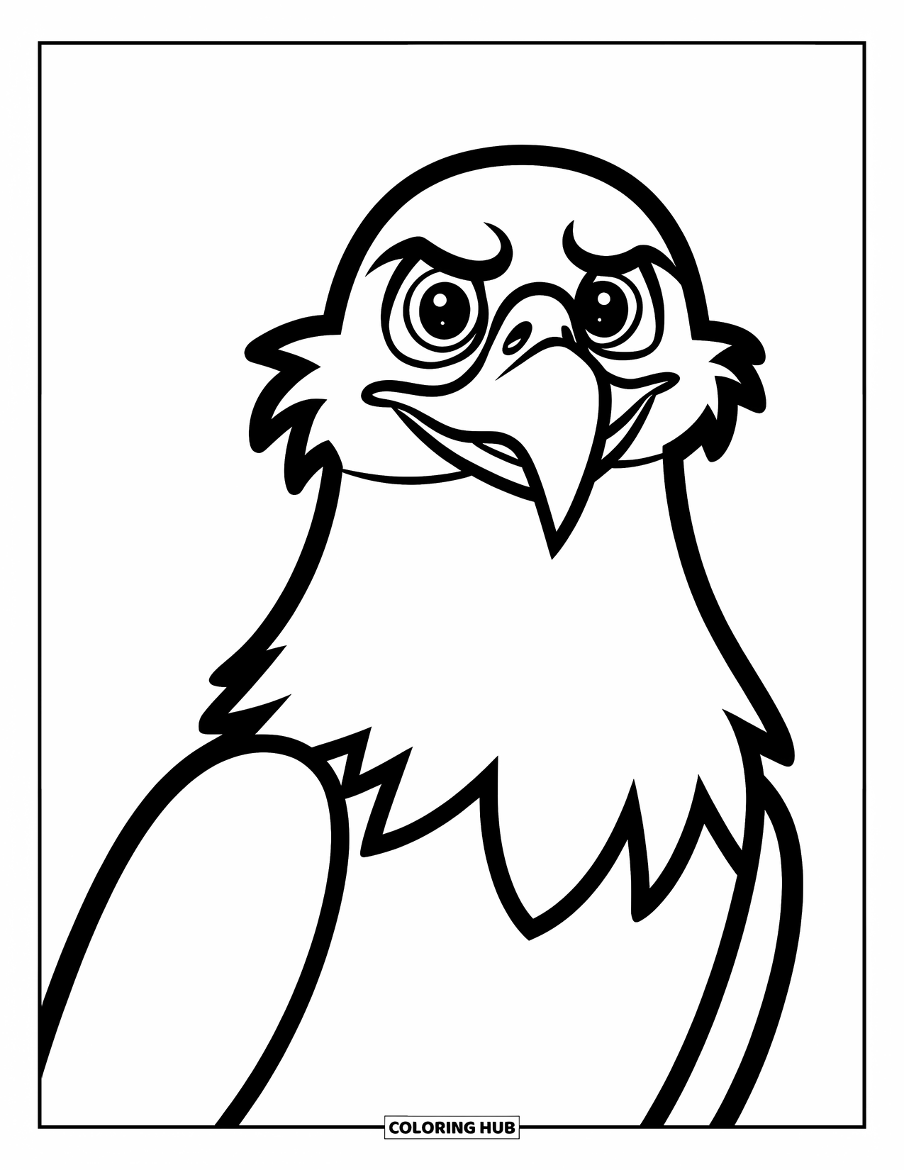 Desenho de Águia para Colorir para Crianças: O rosto ousado de uma águia mostra características fortes e um olhar nítido e claro