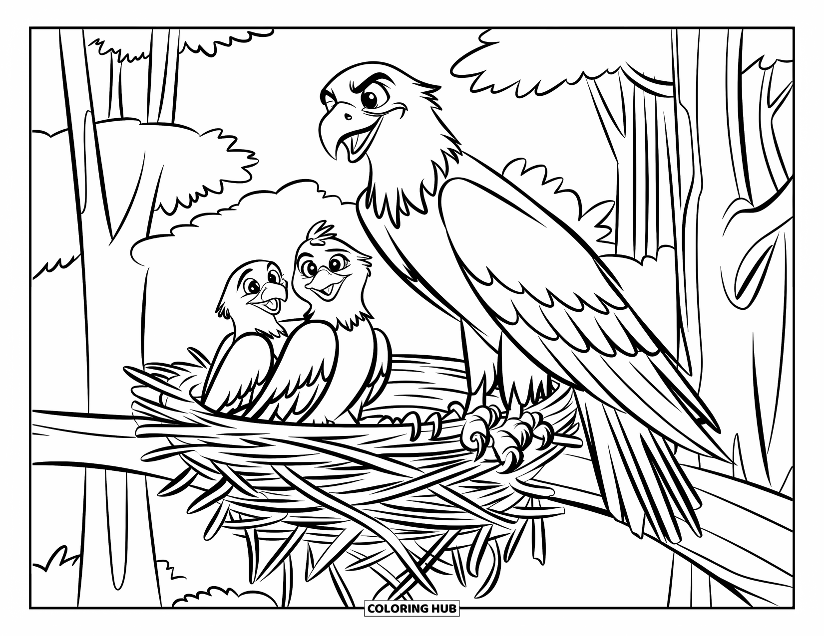Desenho de Águia para Colorir para Crianças: Dois filhotes de águia descansam em um ninho enquanto a mãe observa na floresta