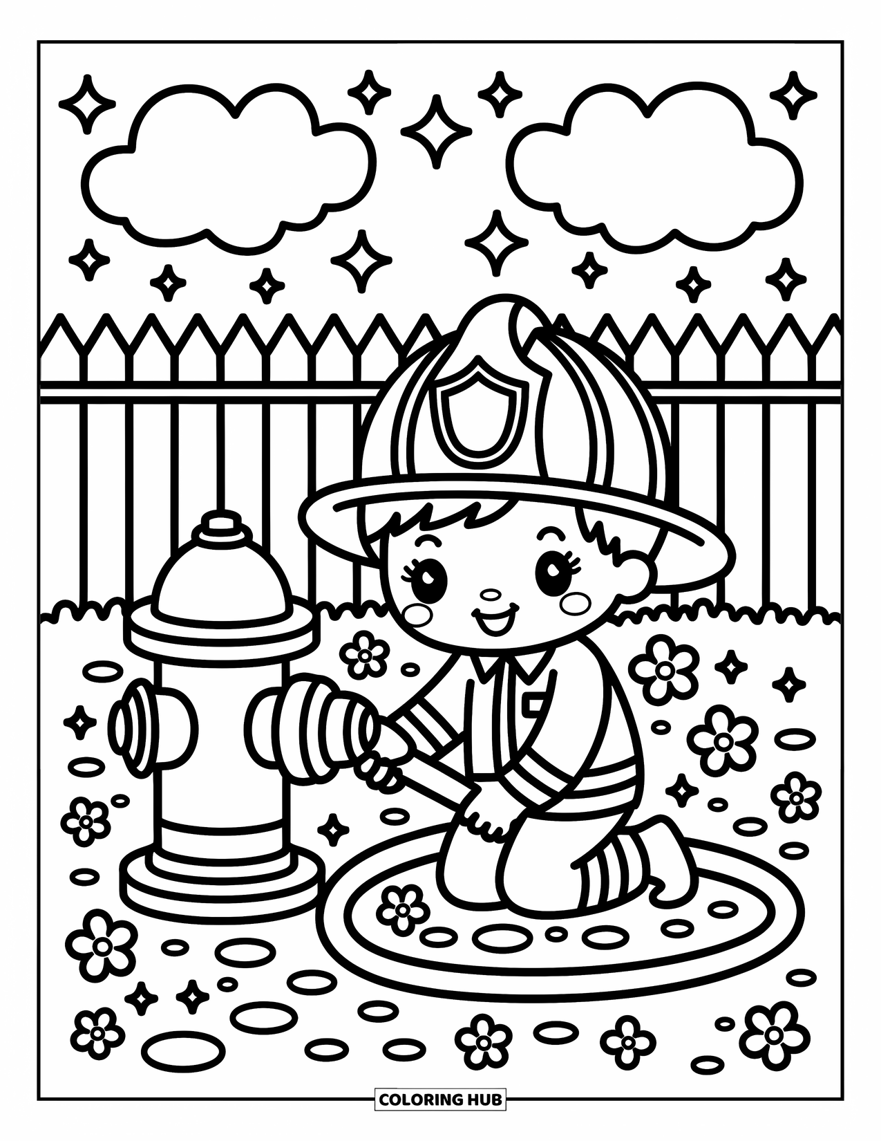 Dibujo de bombero para colorear para adultos: Un bombero lindo conecta una manguera cerca de flores y una cerca de piquete