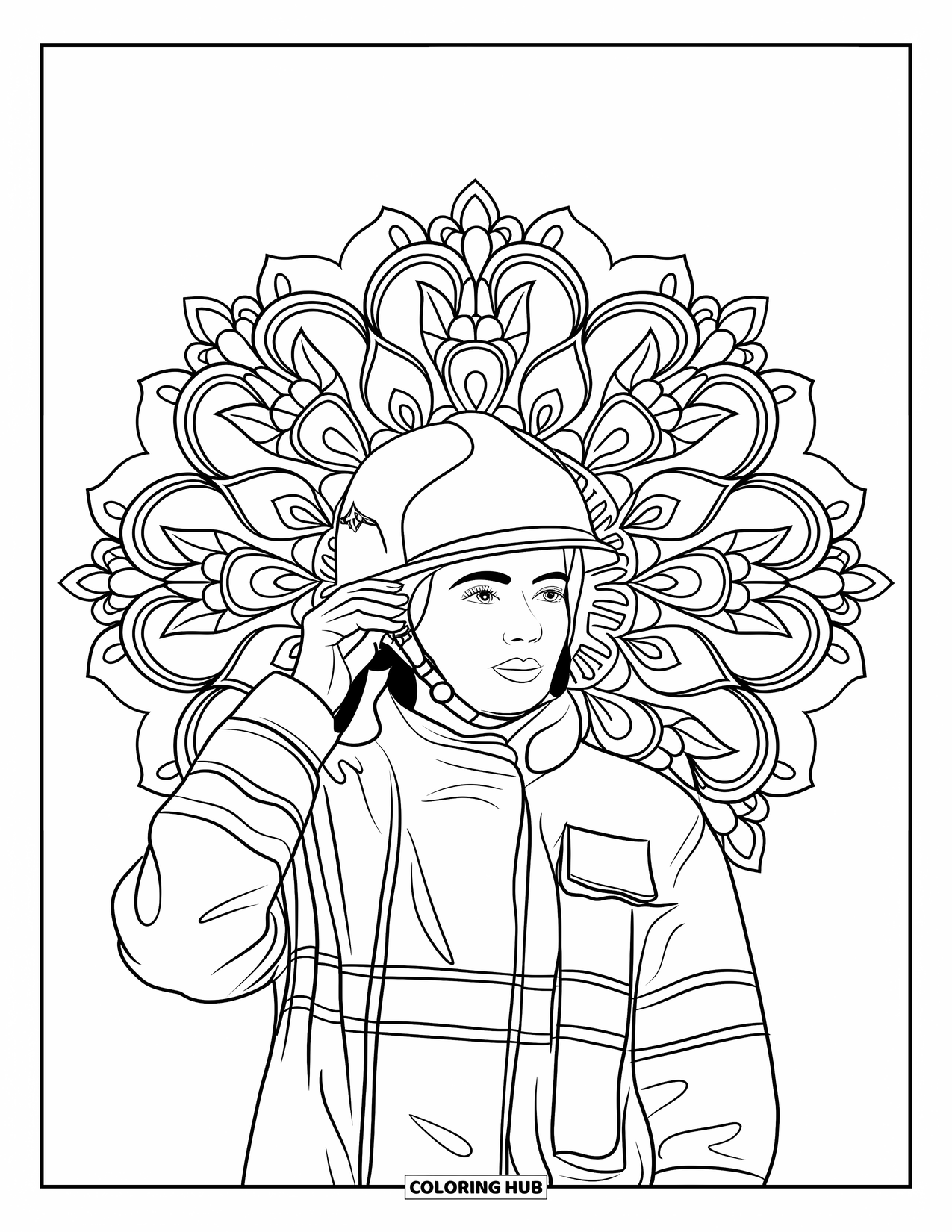 Dibujo de bombero para colorear para adultos: Una bombera se ajusta el casco con llamas florales a su alrededor