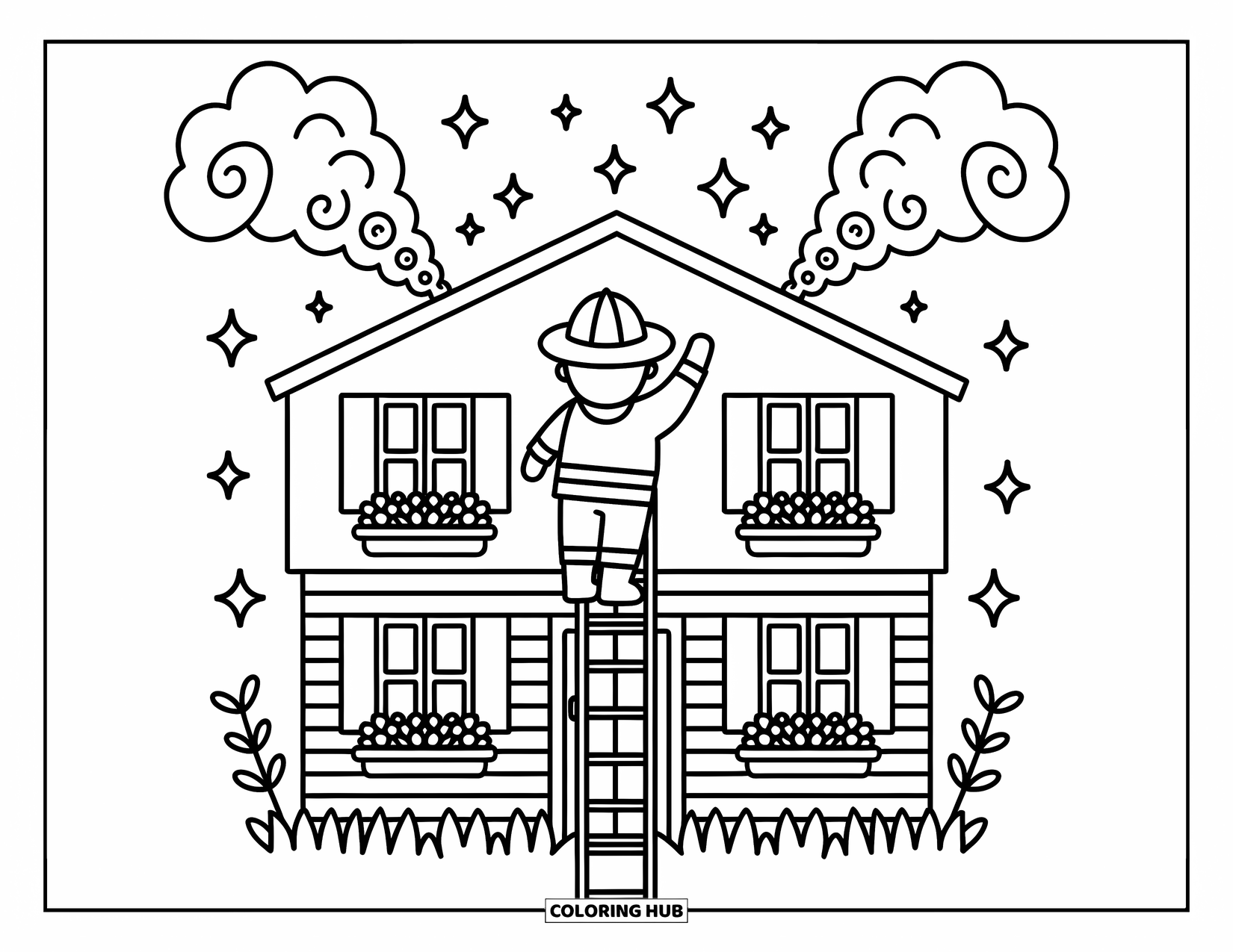 Dibujo de bombero para colorear para adultos: Un bombero apunta agua al humo de dibujos animados que se eleva desde una casa llena de flores