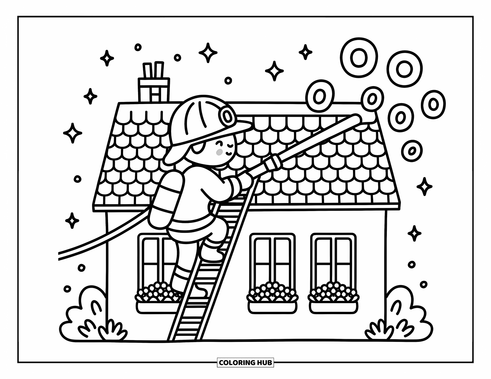 Dibujo de bombero para colorear para adultos: Un bombero sube una escalera para rociar humo en espiral de una casa