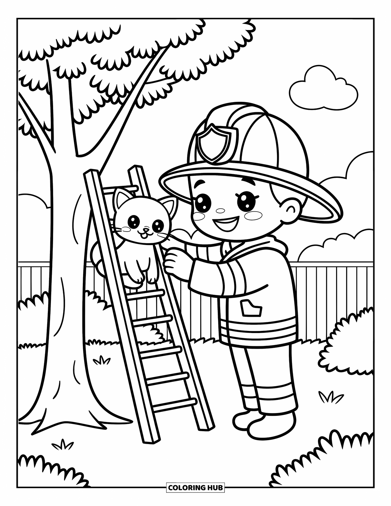 Dibujo de bombero para colorear para adultos: Un bombero sube una escalera para rescatar a un gatito de un árbol
