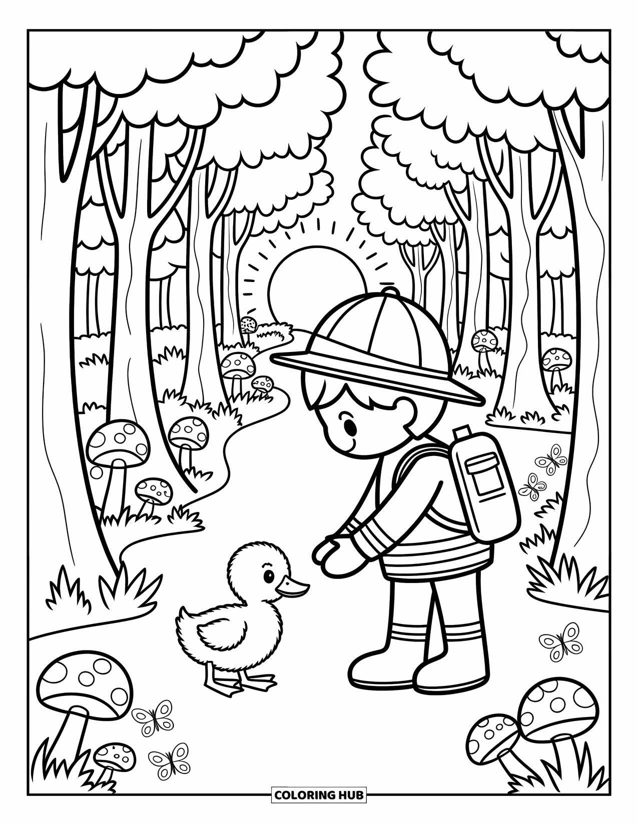 Dibujo de bombero para colorear para adultos: Un bombero ayuda suavemente a un patito perdido a lo largo de un sendero forestal frondoso