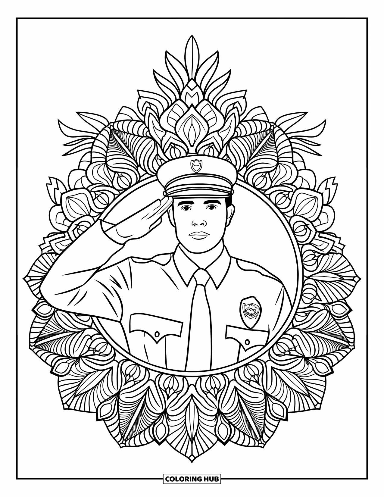 Dibujo de bombero para colorear para adultos: Un bombero da un saludo enmarcado por flores florecientes