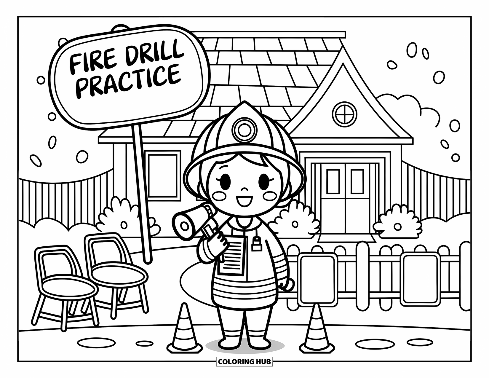 Dibujo de bombero para colorear para adultos: Un bombero organiza un simulacro de seguridad con letreros lindos, conos y sillas pequeñas