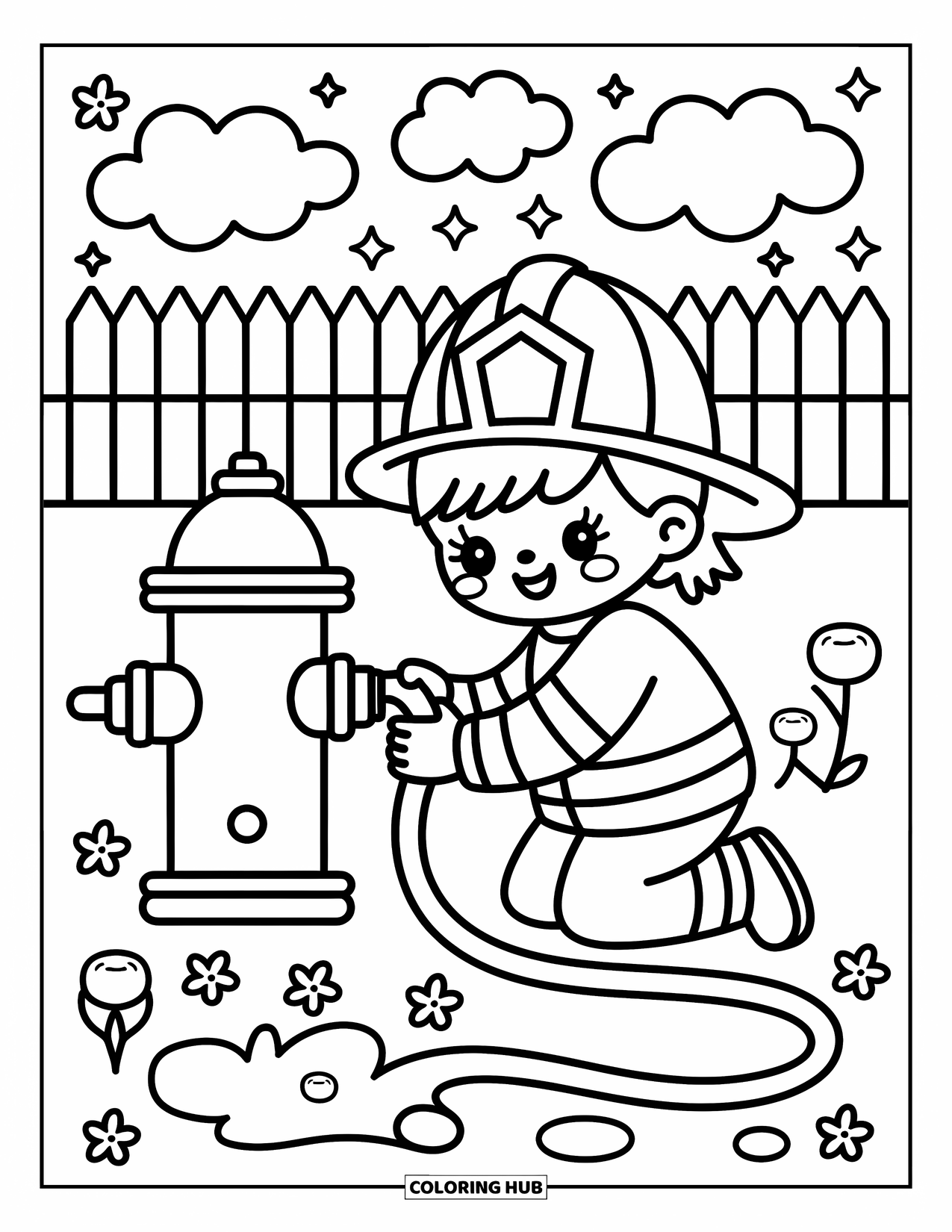 Dibujo de bombero para colorear para adultos: Un bombero se arrodilla junto a una boca de incendios para conectar una manguera junto a pequeñas flores