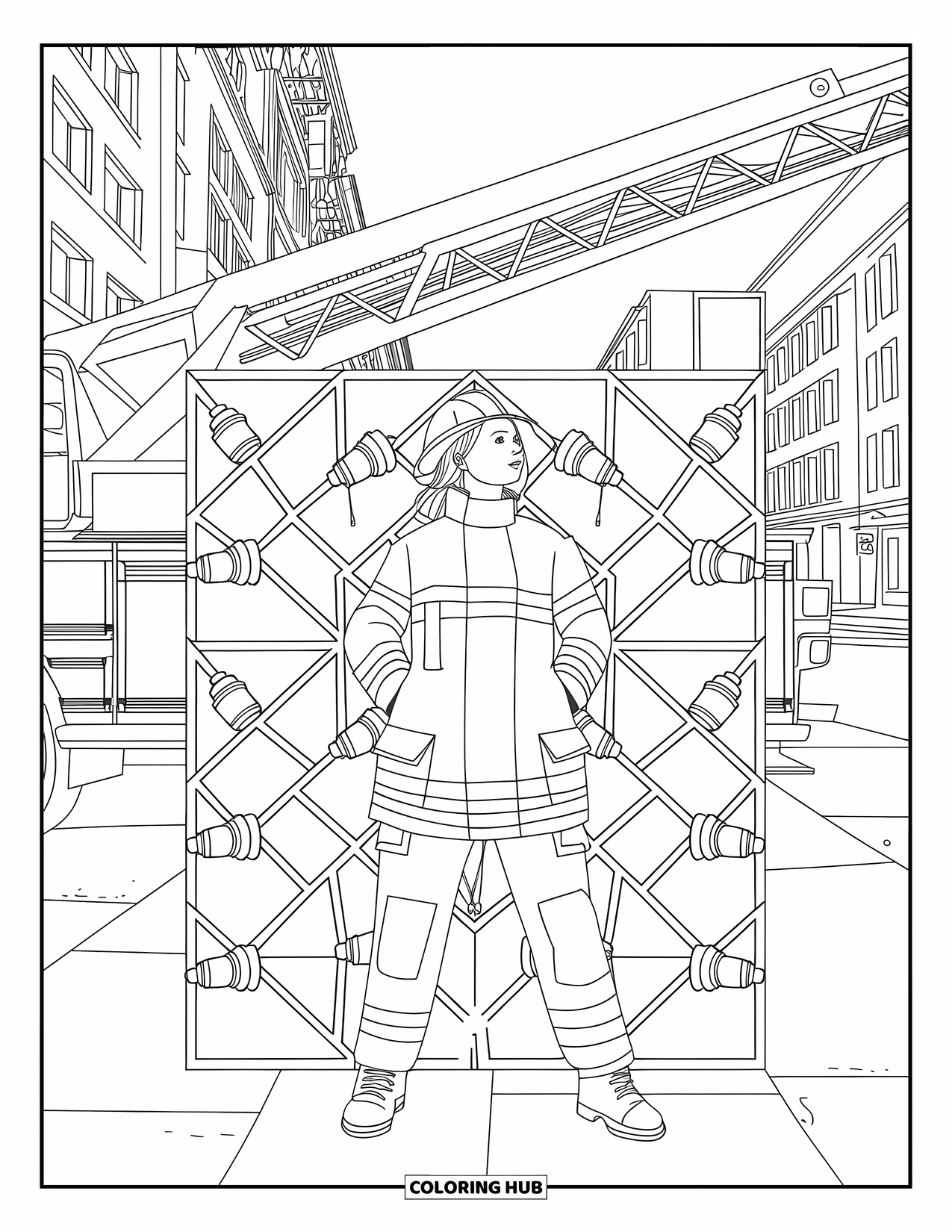 Dibujo de bombero para colorear para adultos: Un bombero mira hacia un camión, respaldado por bocas de incendios y botas