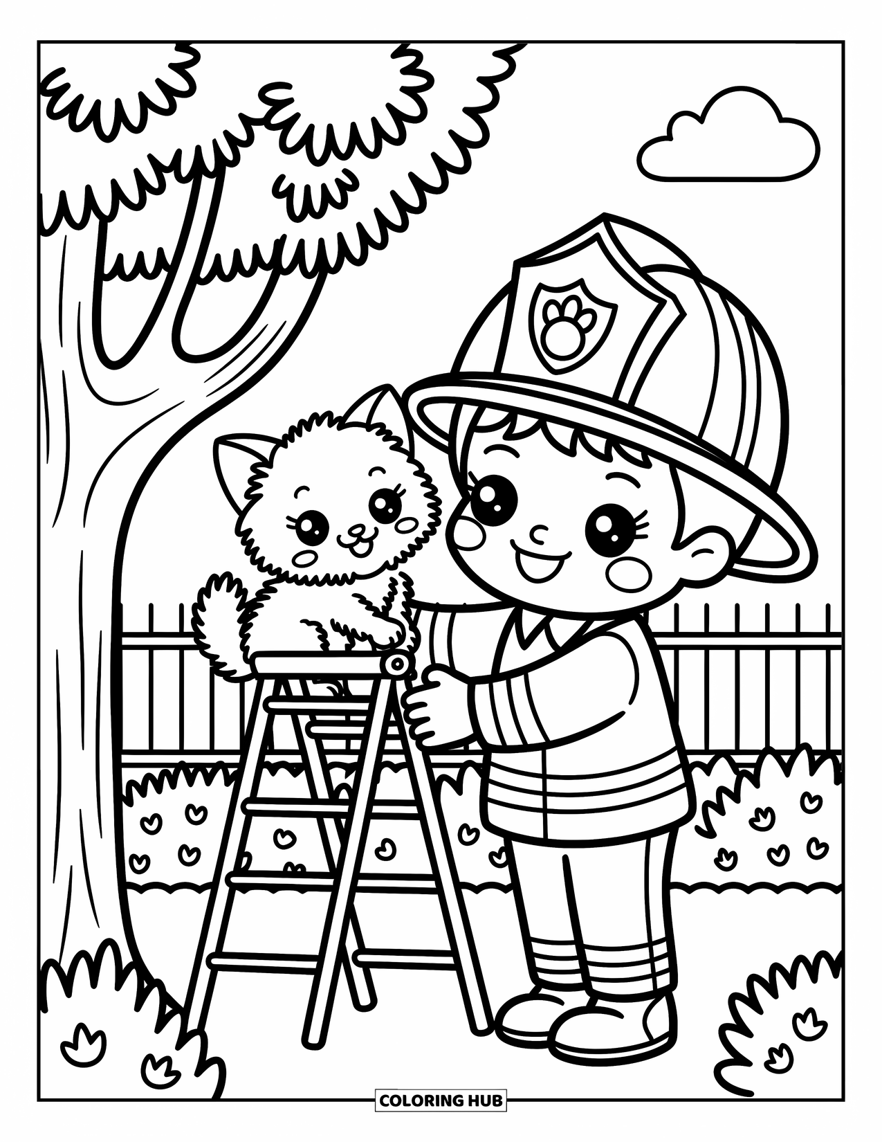 Dibujo de bombero para colorear para adultos: Un bombero salva a un gatito de un árbol con pájaros y flores cerca