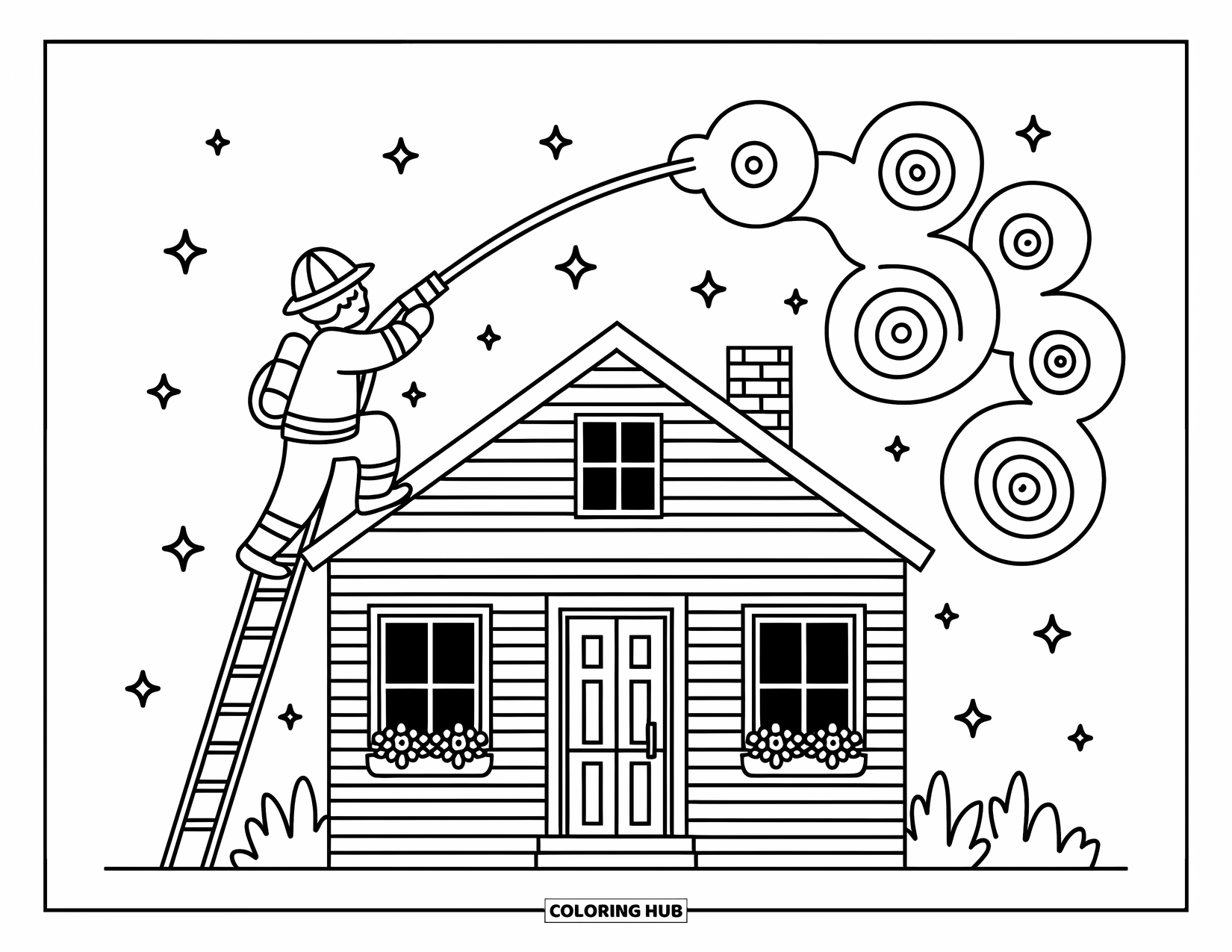 Dibujo de bombero para colorear para adultos: Un bombero rocía agua sobre el humo que sale de una casa con macetas