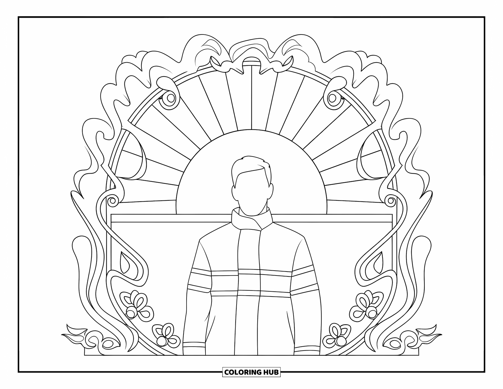 Dibujo de bombero para colorear para adultos: Un bombero está de pie en un arco floral mientras sale el sol