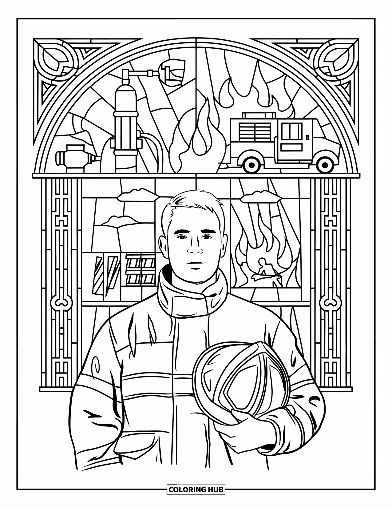 Dibujo de bombero para colorear para adultos: Un bombero está de pie en una estación rodeada de diseños simbólicos de equipo de bomberos